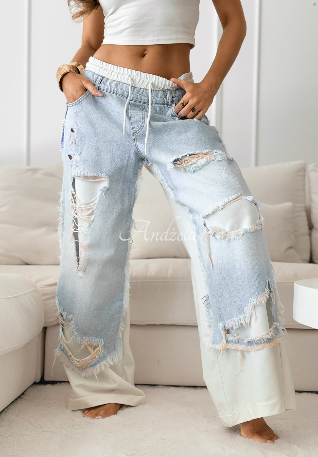 Trainings-Jeanshose im Used-Look Reversion blau-Weiß