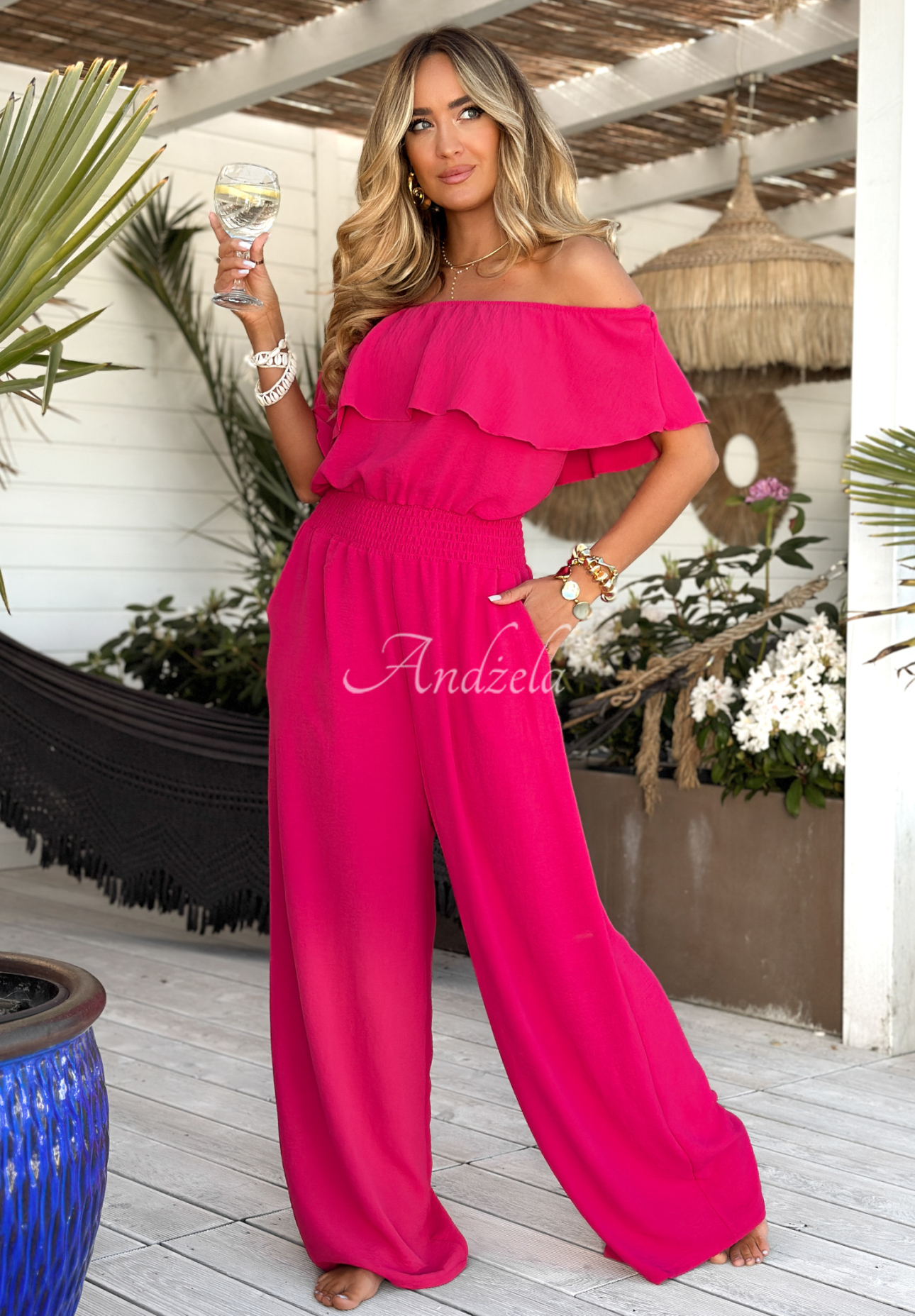 Langer Offshoulder Overall Secret Lagoons Fuchsia