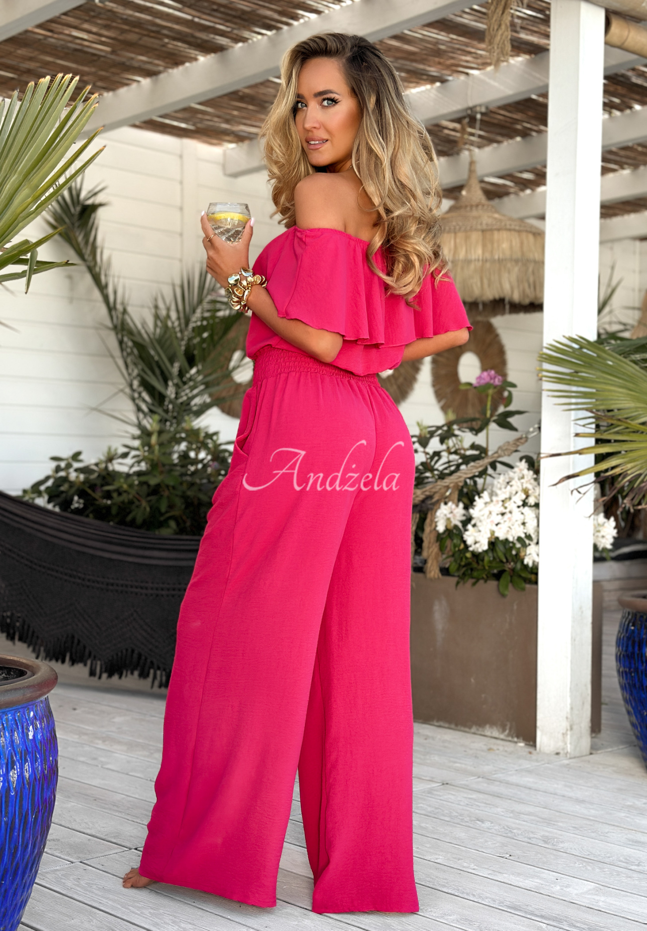 Langer Offshoulder Overall Secret Lagoons Fuchsia
