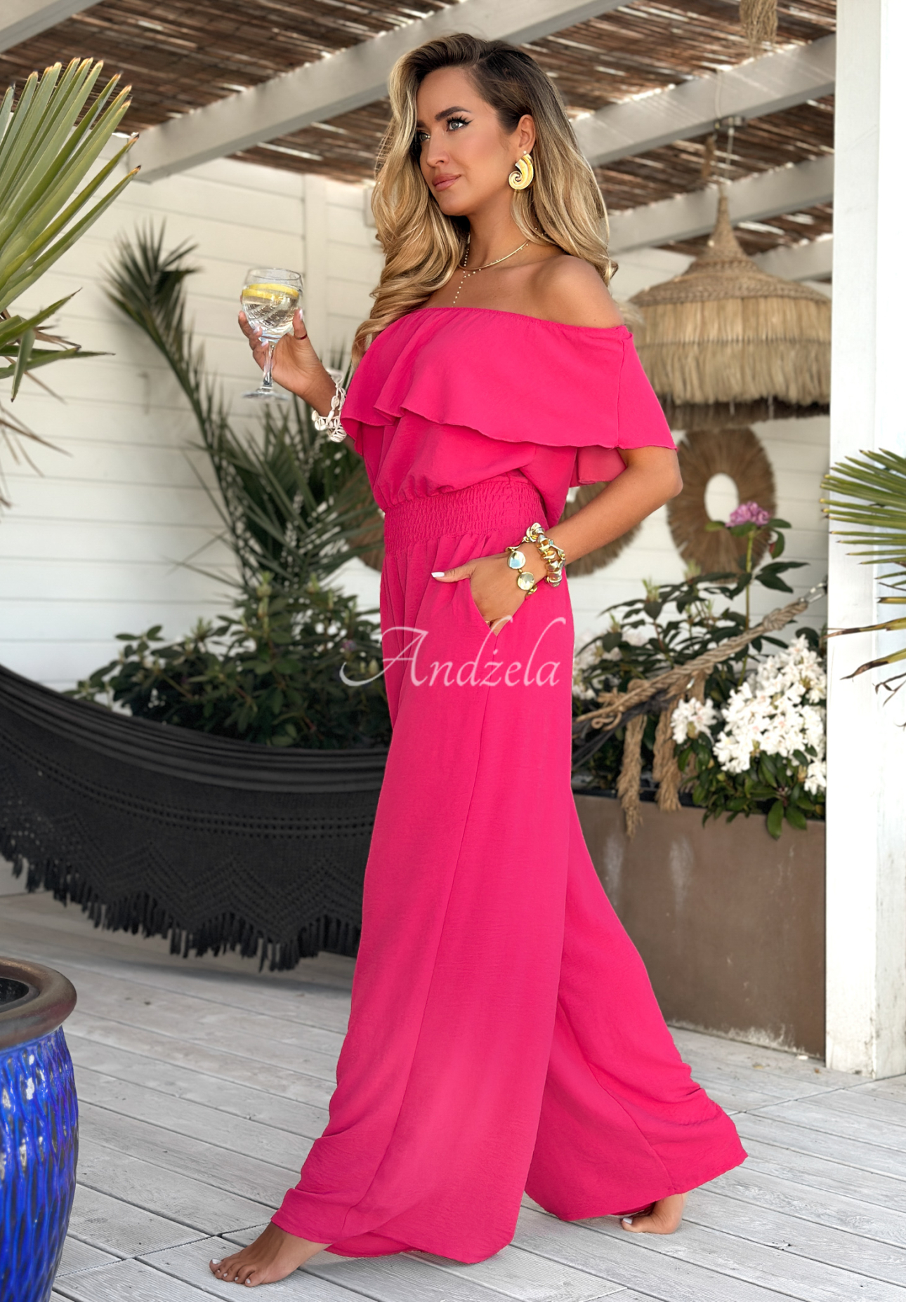 Langer Offshoulder Overall Secret Lagoons Fuchsia