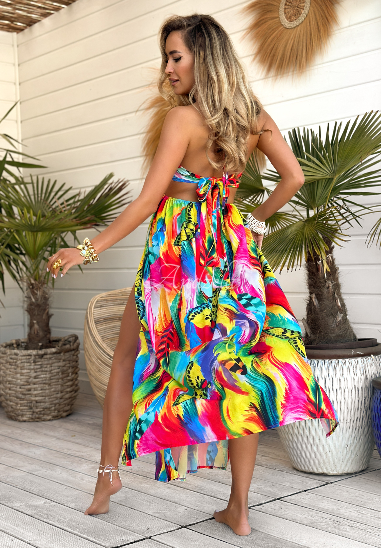 Gemustertes Maxikleid mit den Trägern Paradise Rainbow gelb-grün