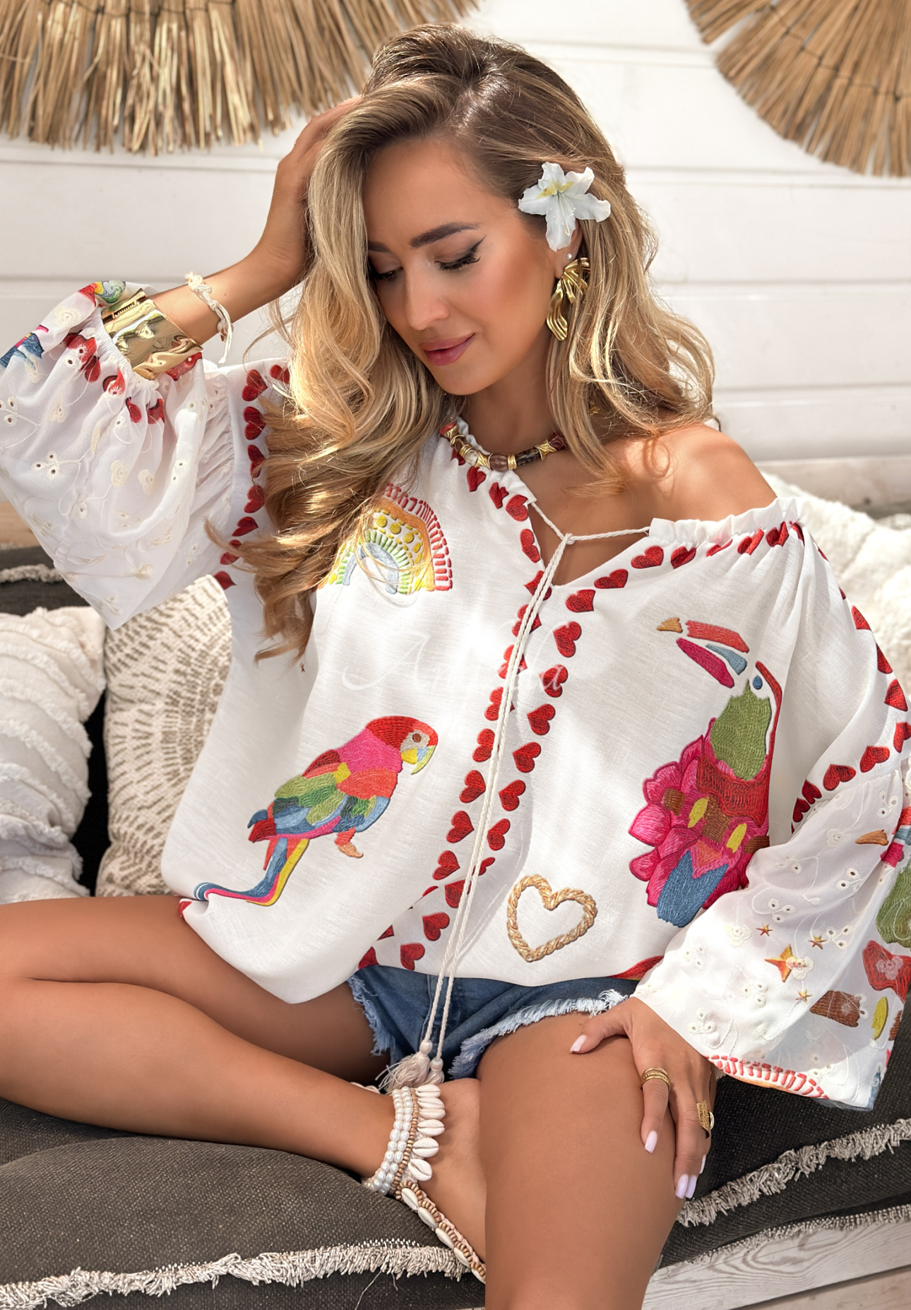Gemusterte Bluse Lovely Parrots Ecru