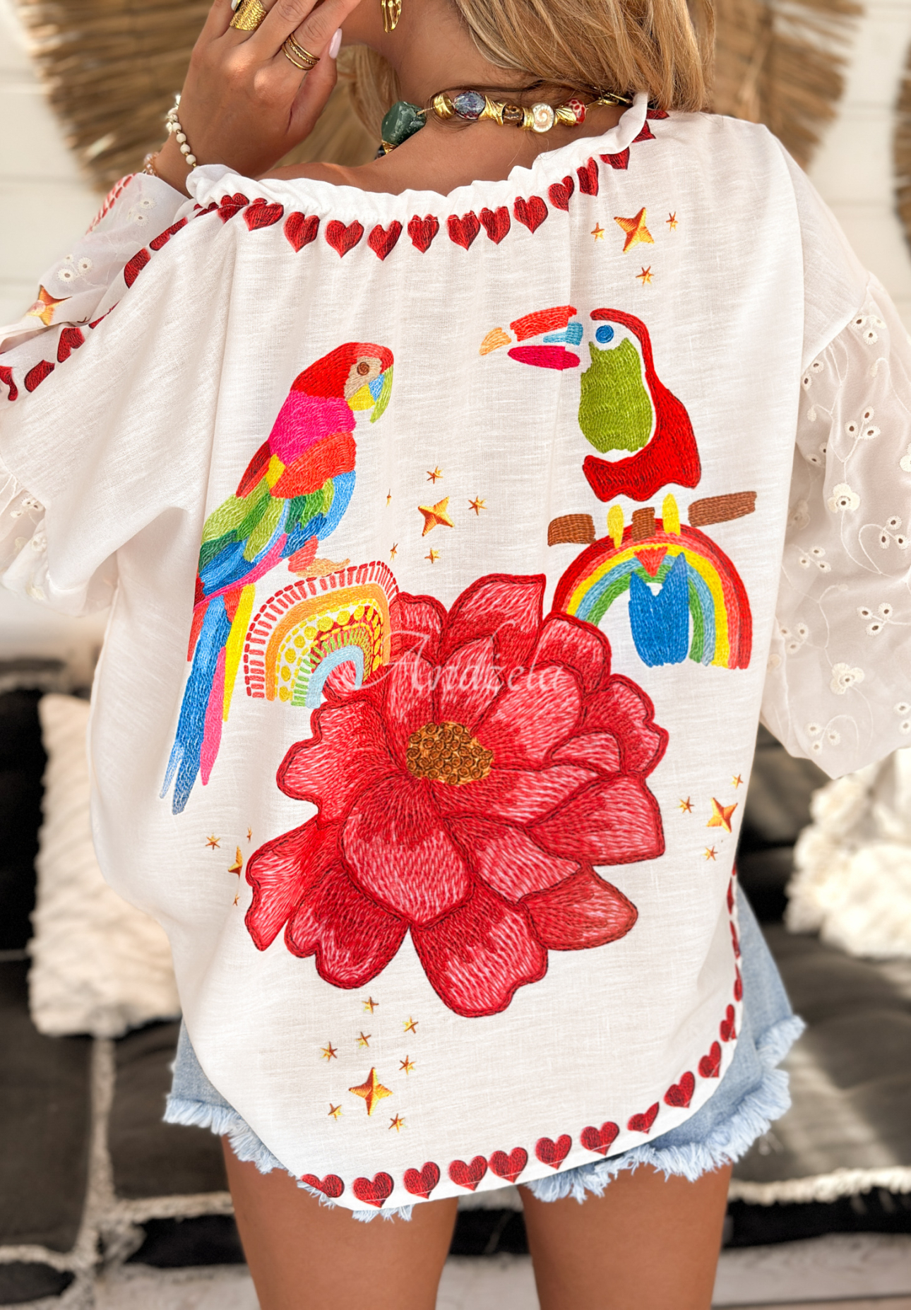 Gemusterte Bluse Lovely Parrots Ecru