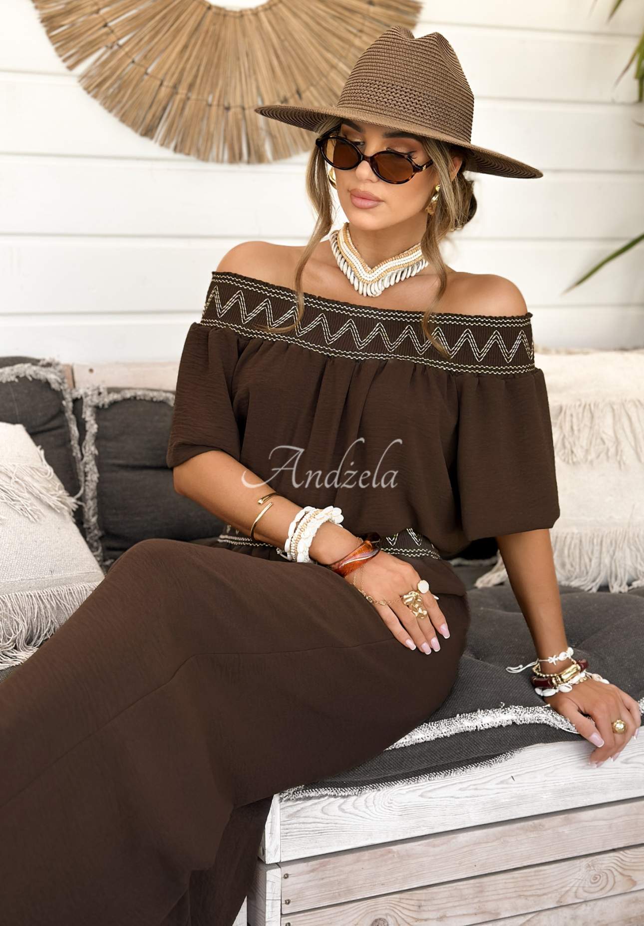 Gesticktes Set Bluse und Hose wide leg Summer Life Schokoladenbraun