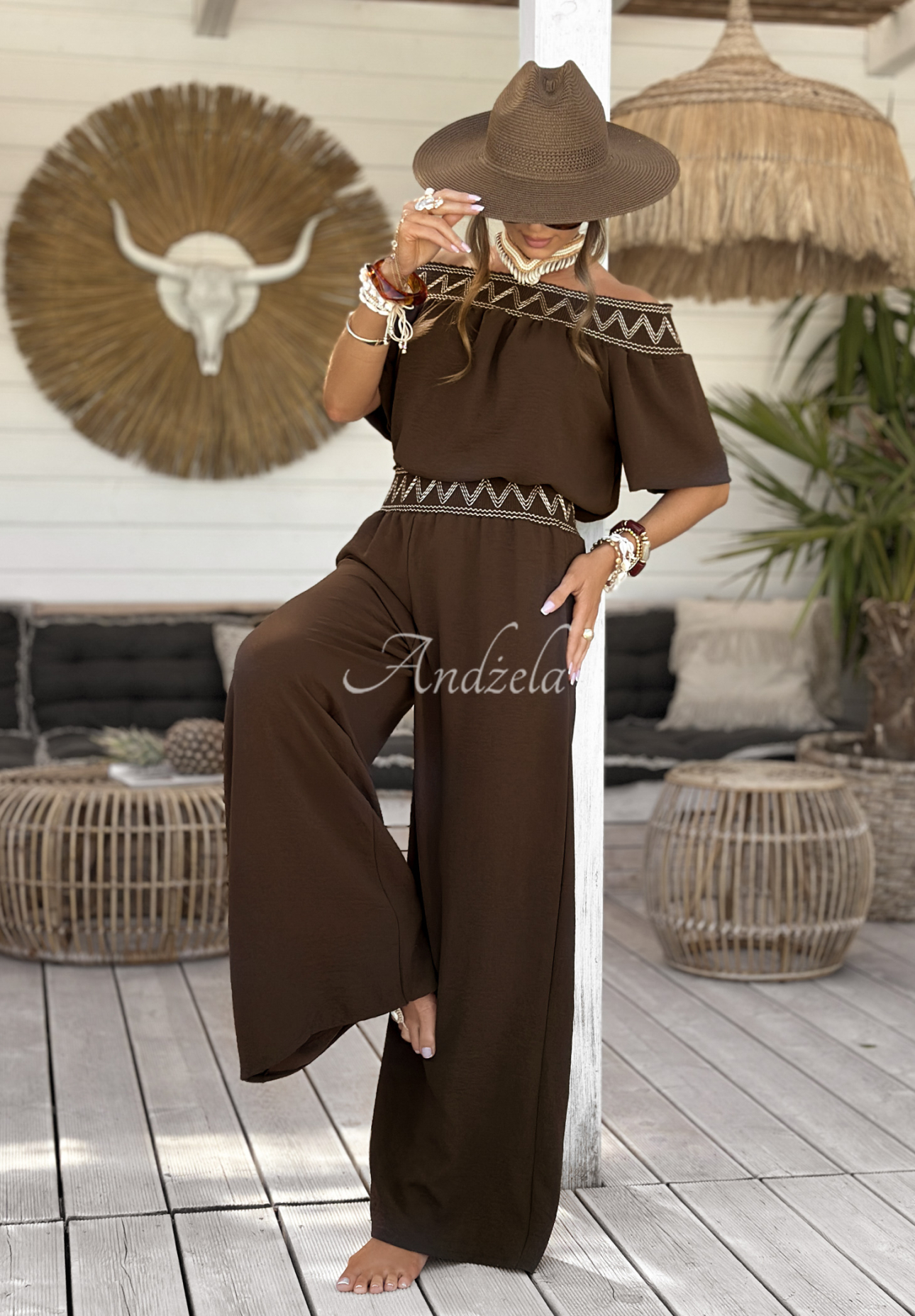 Gesticktes Set Bluse und Hose wide leg Summer Life Schokoladenbraun