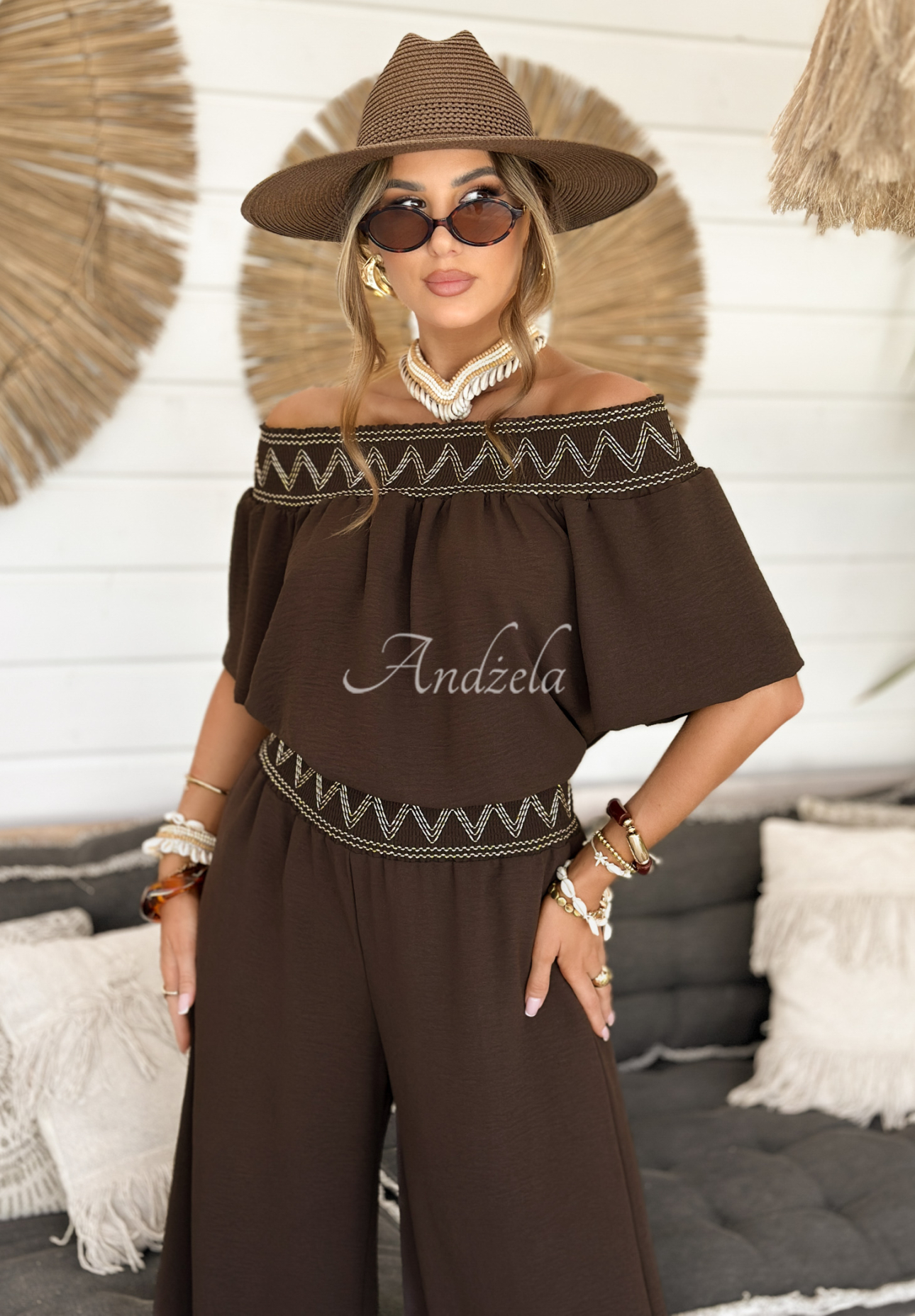 Gesticktes Set Bluse und Hose wide leg Summer Life Schokoladenbraun