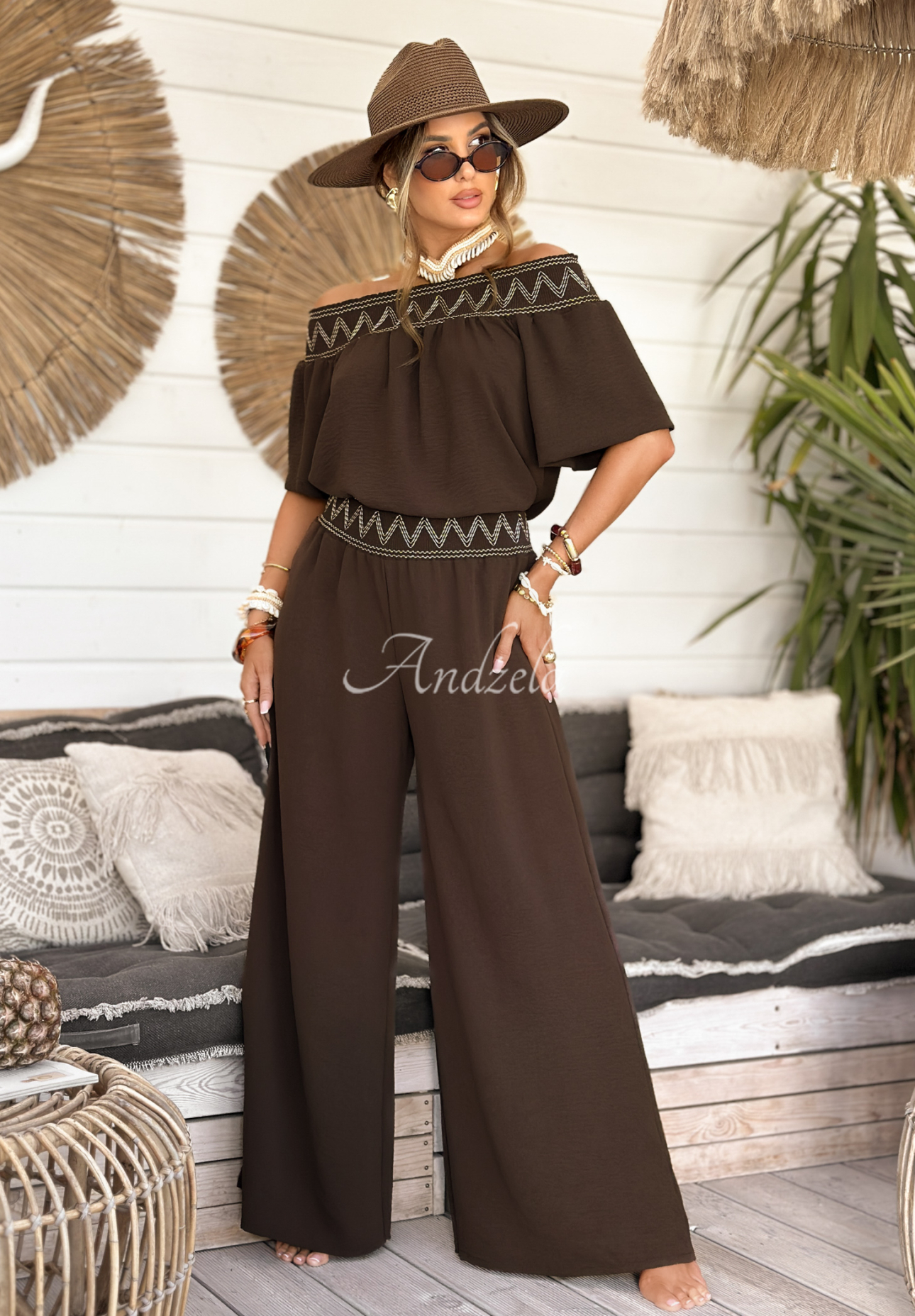 Gesticktes Set Bluse und Hose wide leg Summer Life Schokoladenbraun