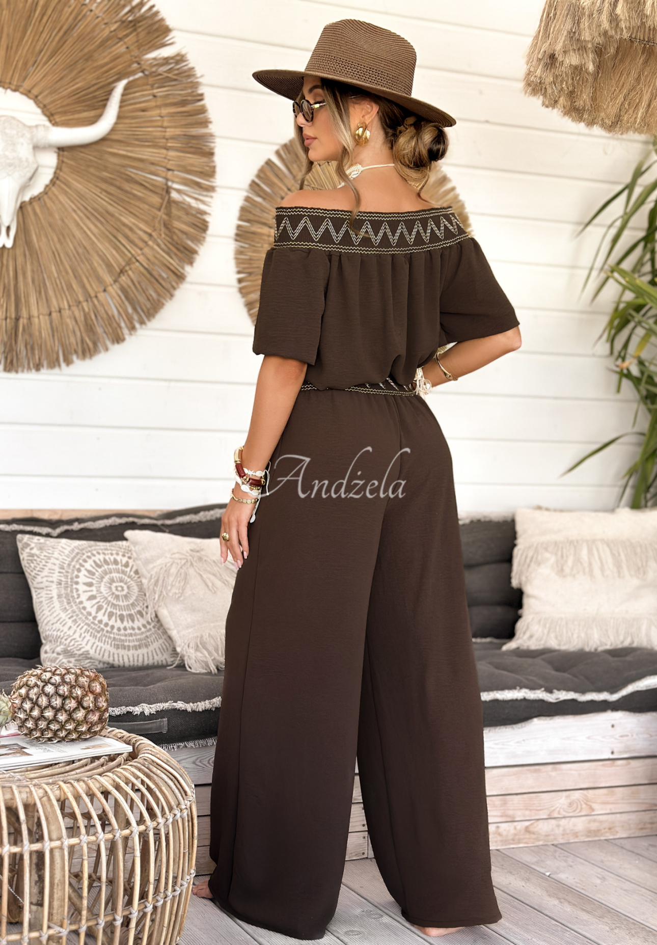 Gesticktes Set Bluse und Hose wide leg Summer Life Schokoladenbraun