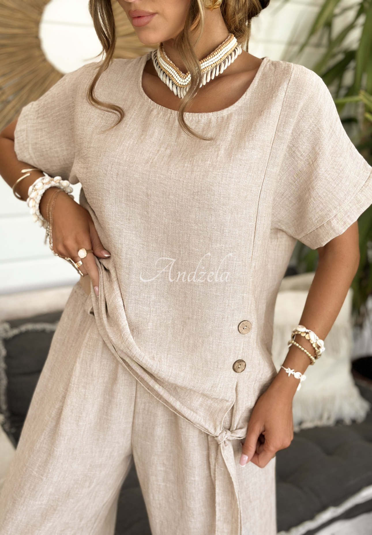 Bluse oversize mit Bindeband Time To Visit Hell Beige