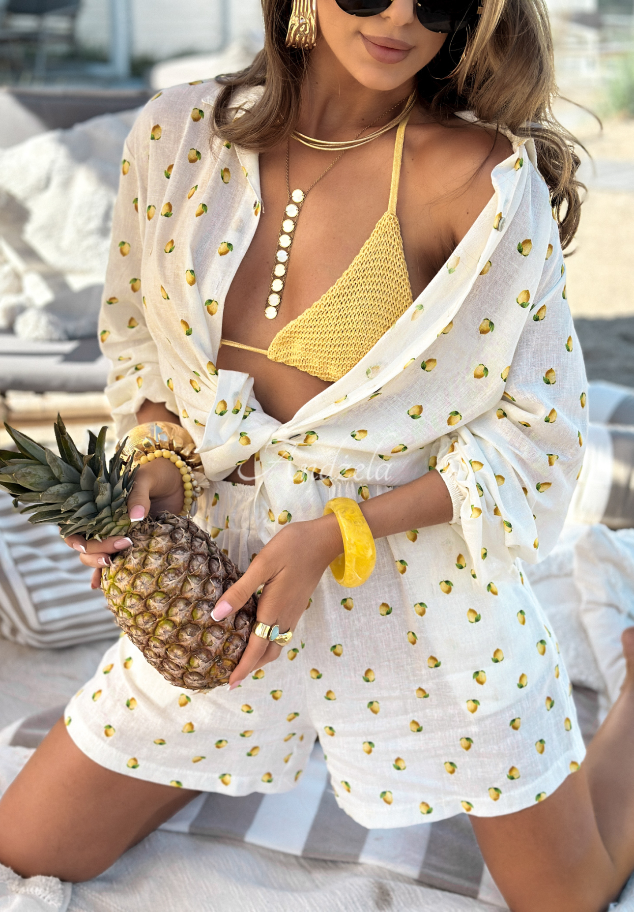 Das Leinenset Hemd mit Shorts mit Zitronenmuster Fresh Lemon Juice Ecru