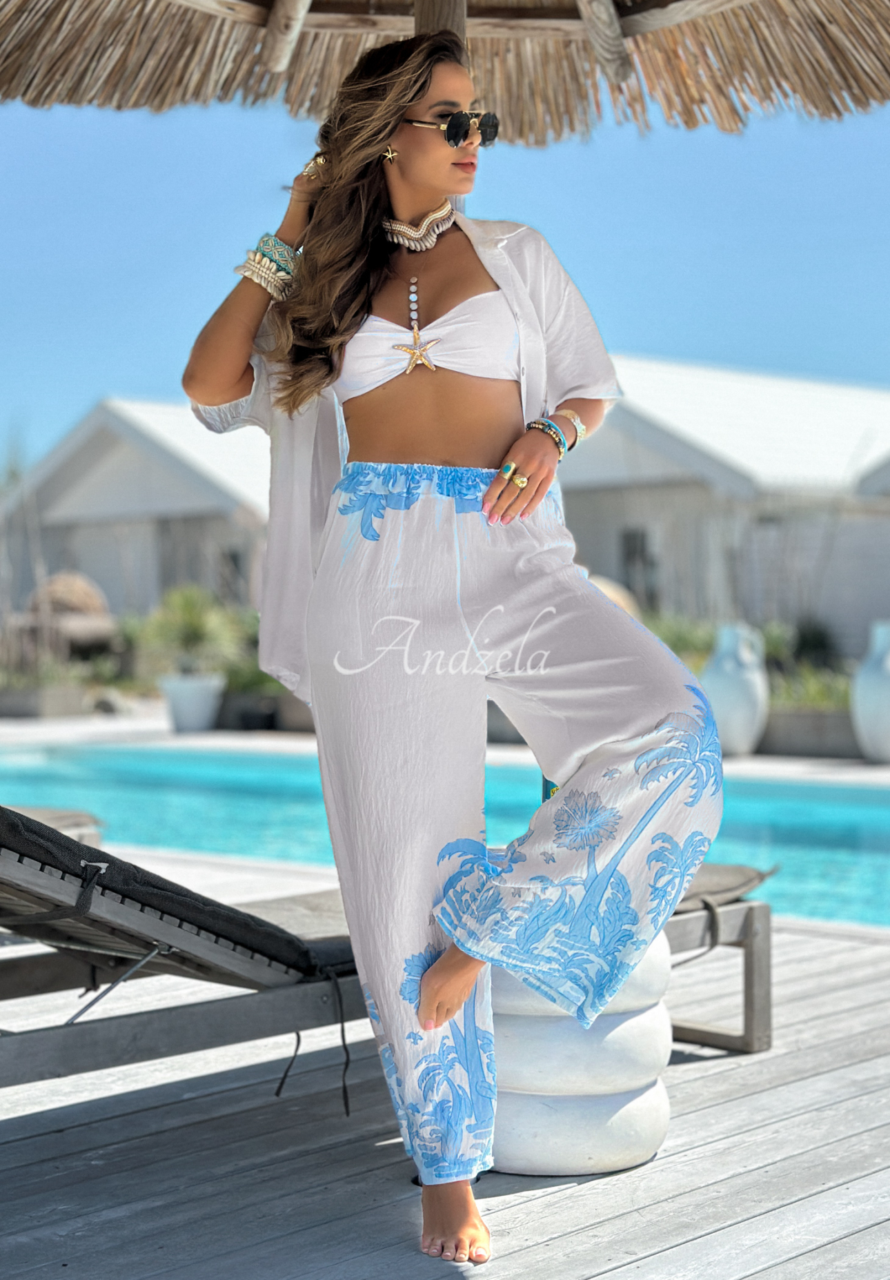 Gemustertes Set: Hemd und Hose wide leg Las Palmas weiß-blau