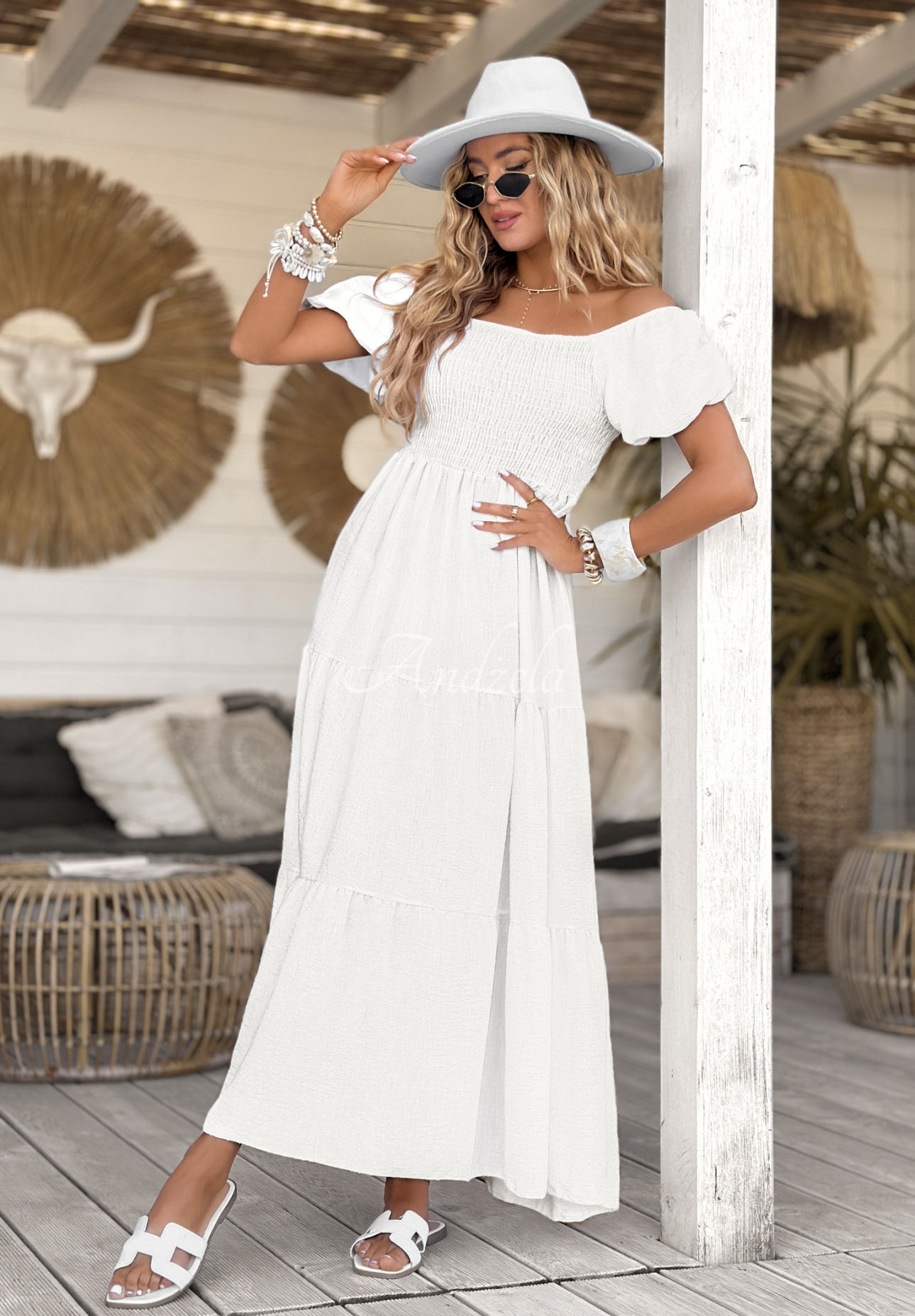 Maxi-Kleid mit Puffärmeln Summery Queen Weiß
