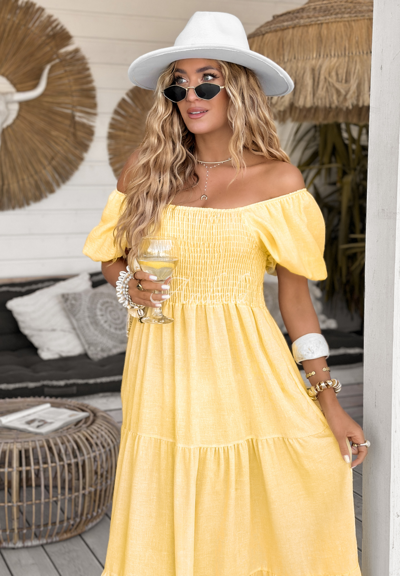 Maxi-Kleid mit Puffärmeln Summery Queen Bananengelb