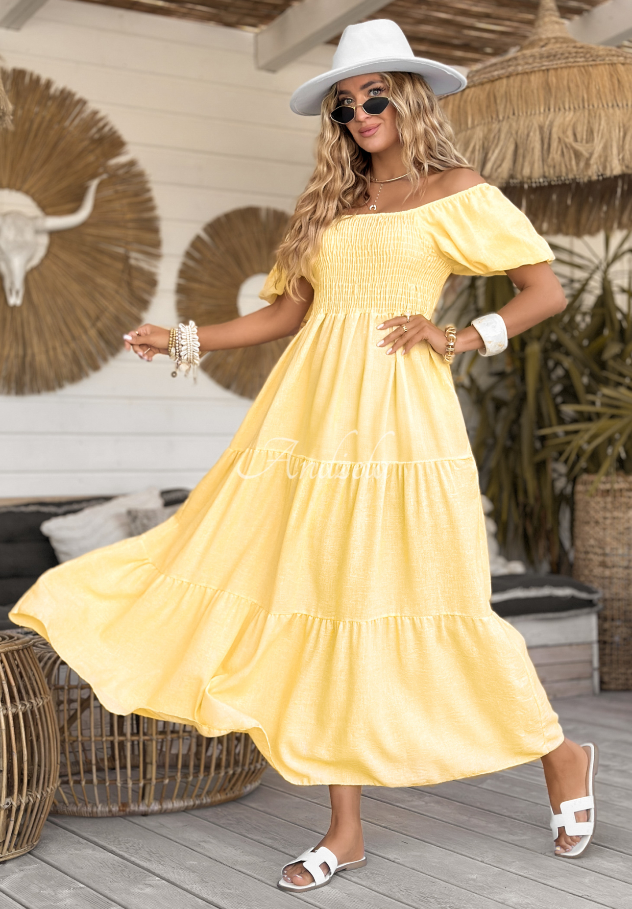 Maxi-Kleid mit Puffärmeln Summery Queen Bananengelb