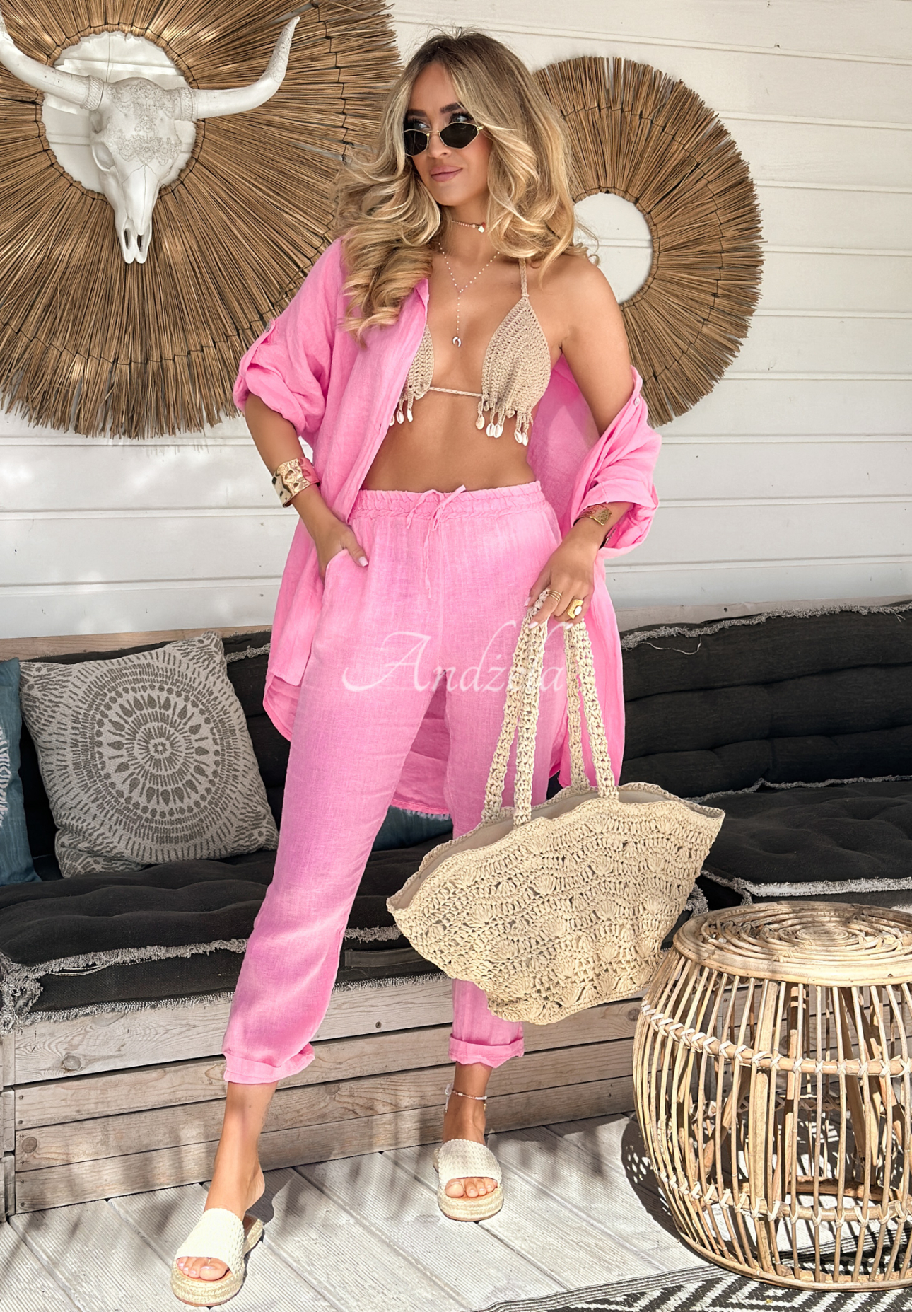 Leinenhose mit Bindung Summery Essentials Rosa
