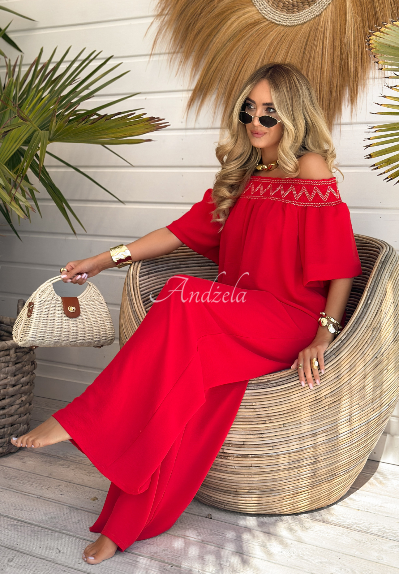 Gesticktes Set Bluse und Hose wide leg Summer Life Rot