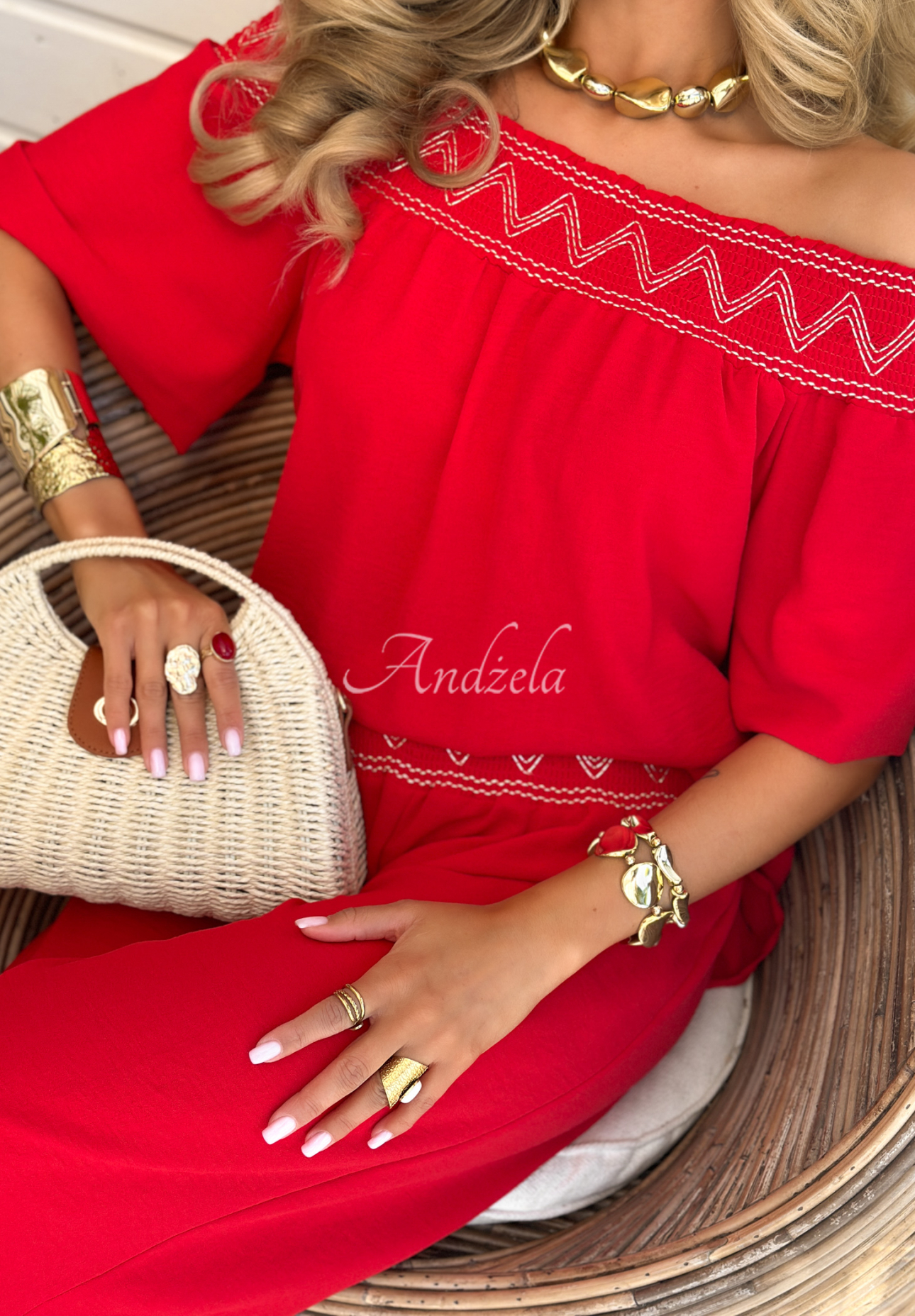 Gesticktes Set Bluse und Hose wide leg Summer Life Rot