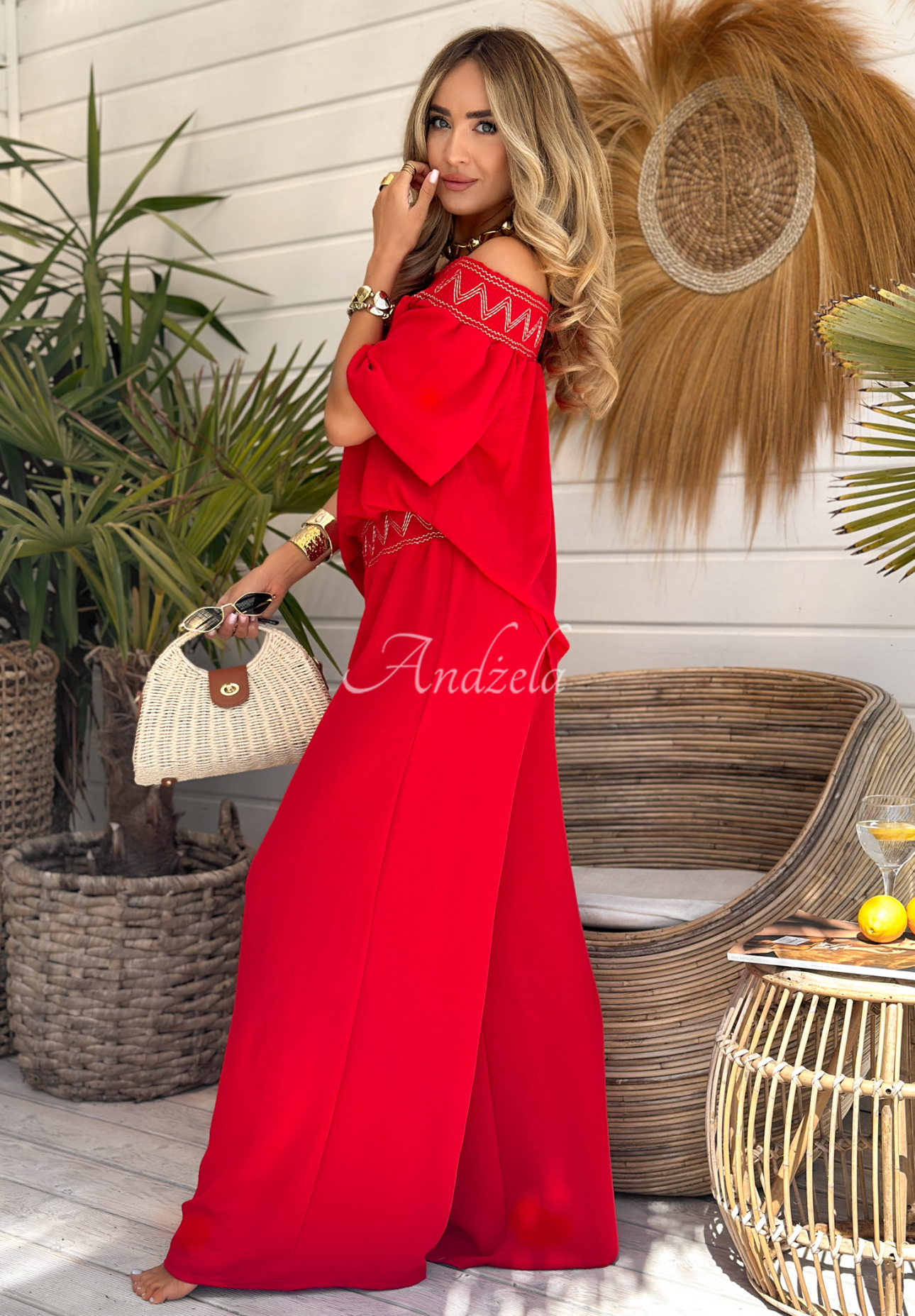 Gesticktes Set Bluse und Hose wide leg Summer Life Rot