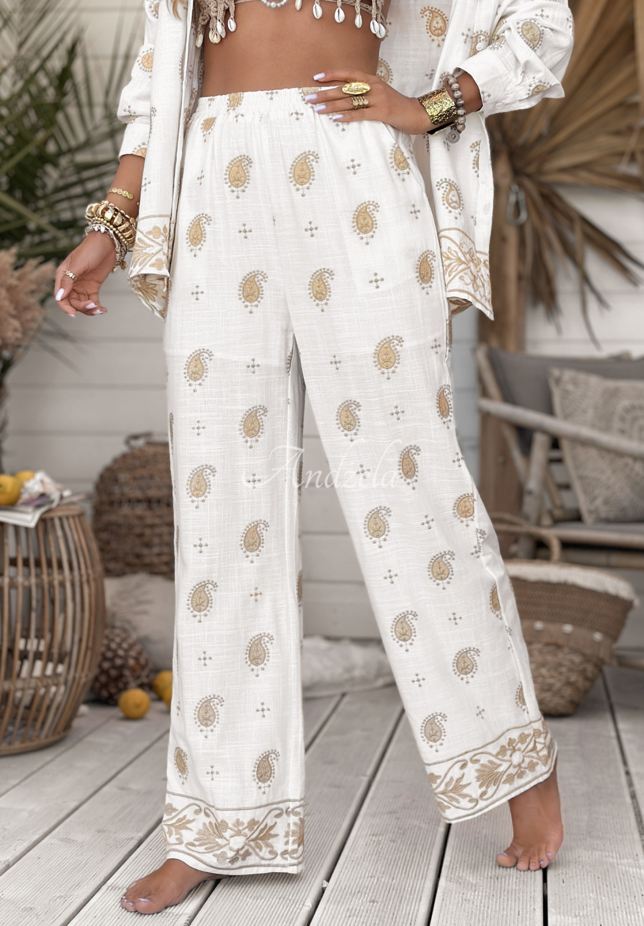 Bestickte Leinenhose boho Serene Beaches Ecru