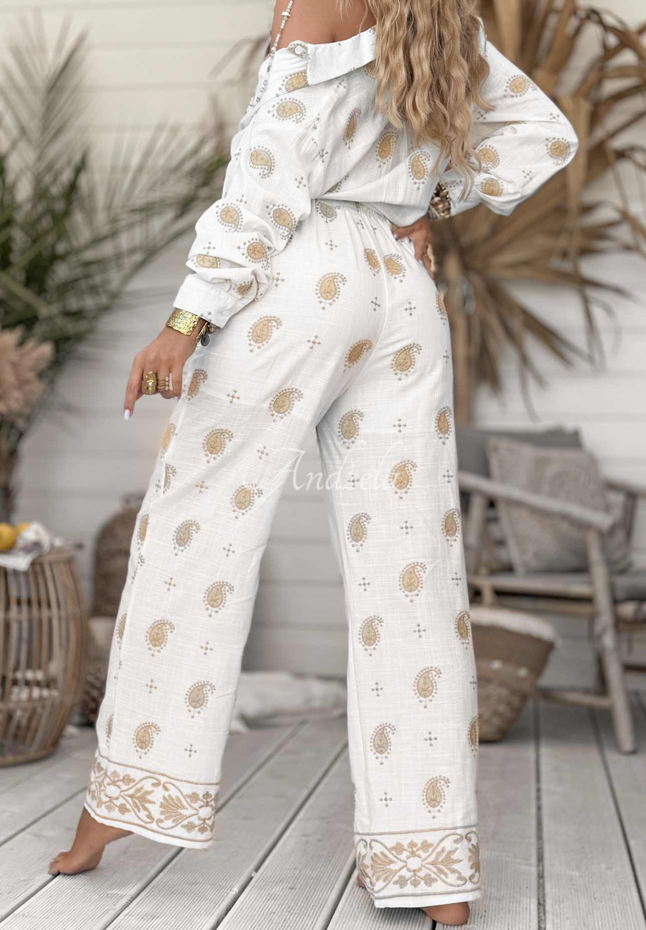 Bestickte Leinenhose boho Serene Beaches Ecru