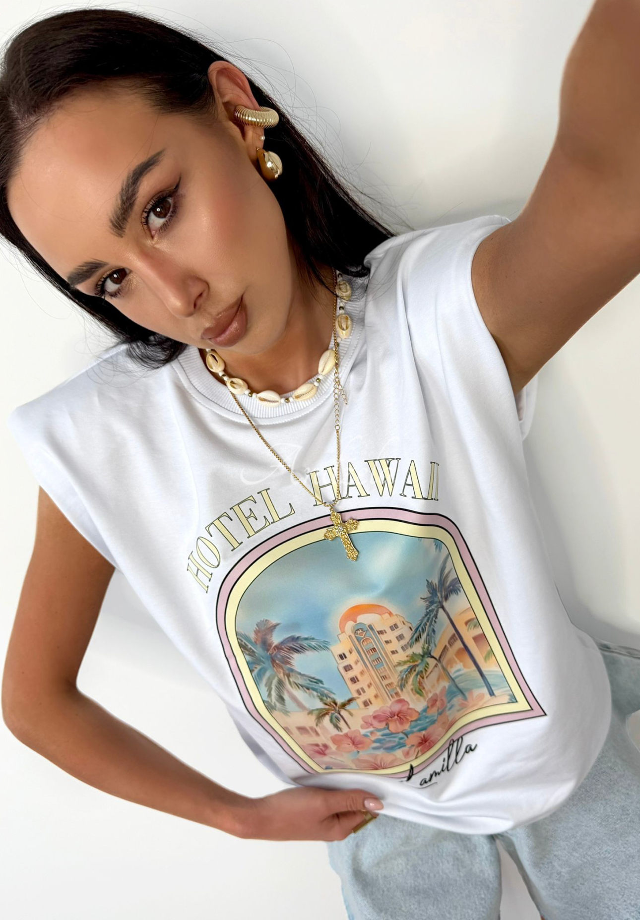 Top mit Print La Milla Hotel Hawaii Weiß