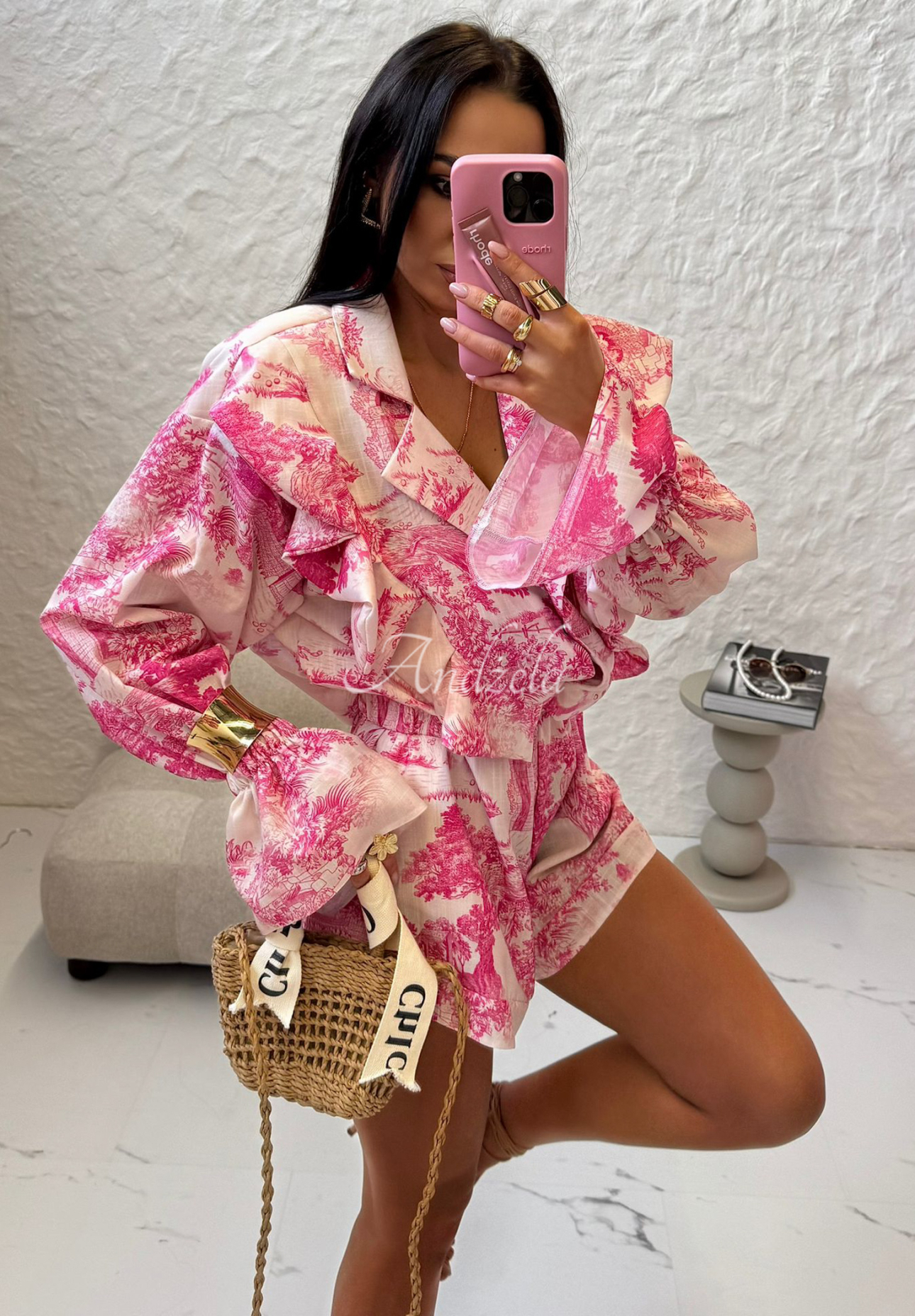 Leinen-Set: Hemd und Shorts mit Muster La Milla Sunbathing Today Rosa