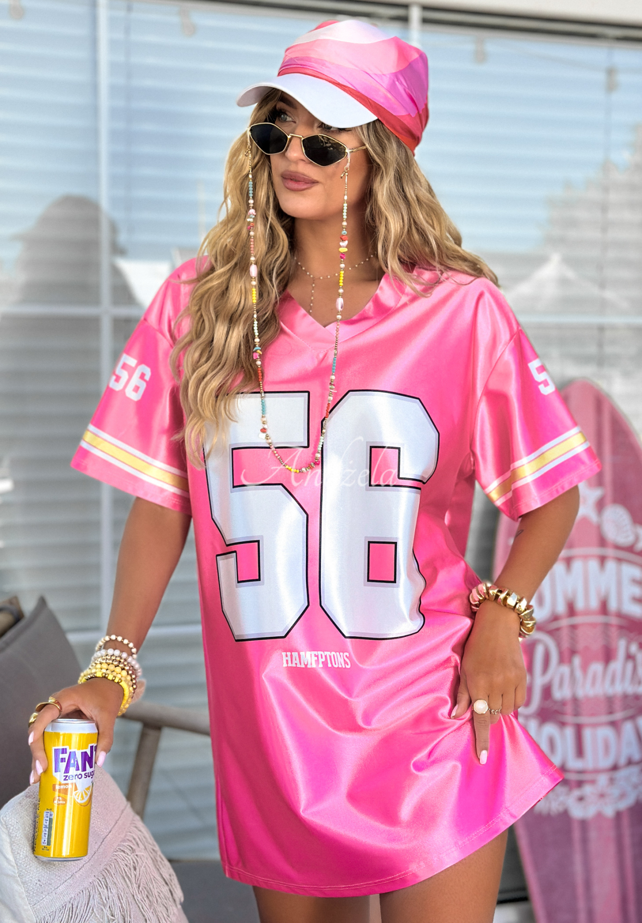 Langes T-Shirt-Kleid mit Prints Number 56 Rosa