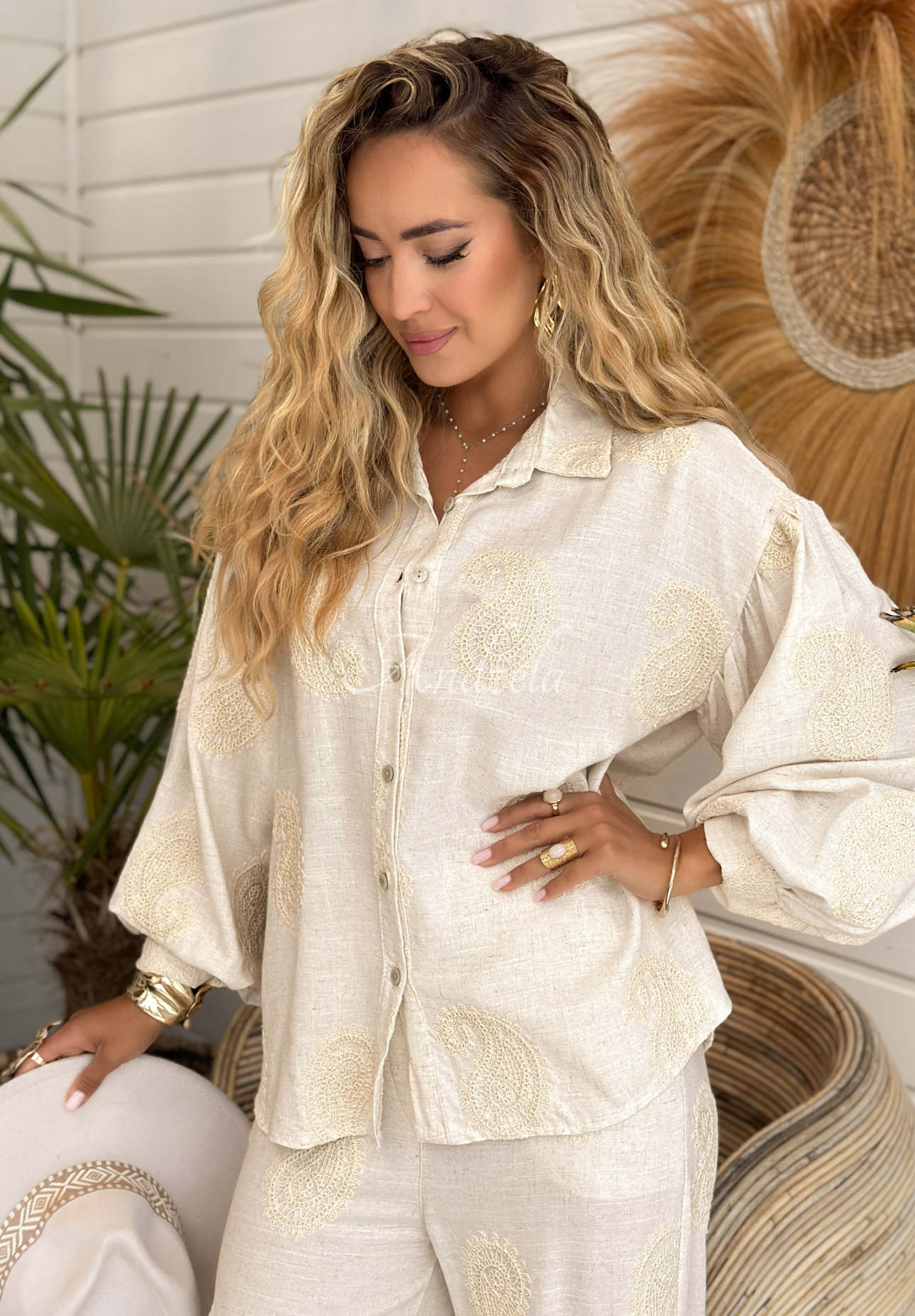 Viskosehemd mit Stickerei boho Prettiest Sunsets Beige