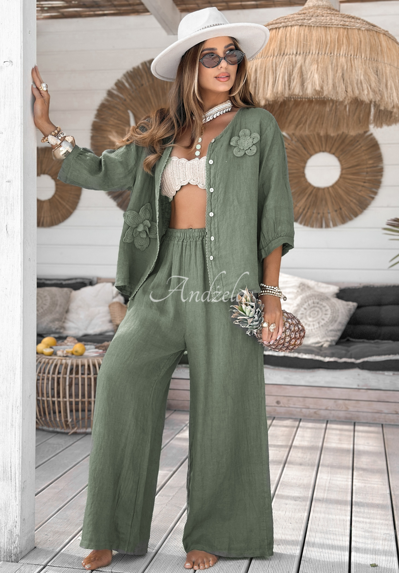 Linen blouse with flowers On Vacation khaki