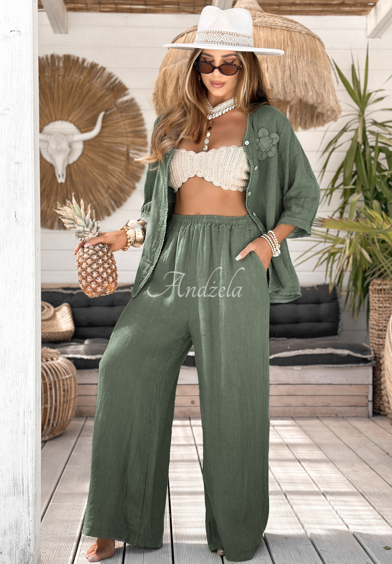 Leinenbluse mit Blumenmuster On Vacation Khaki