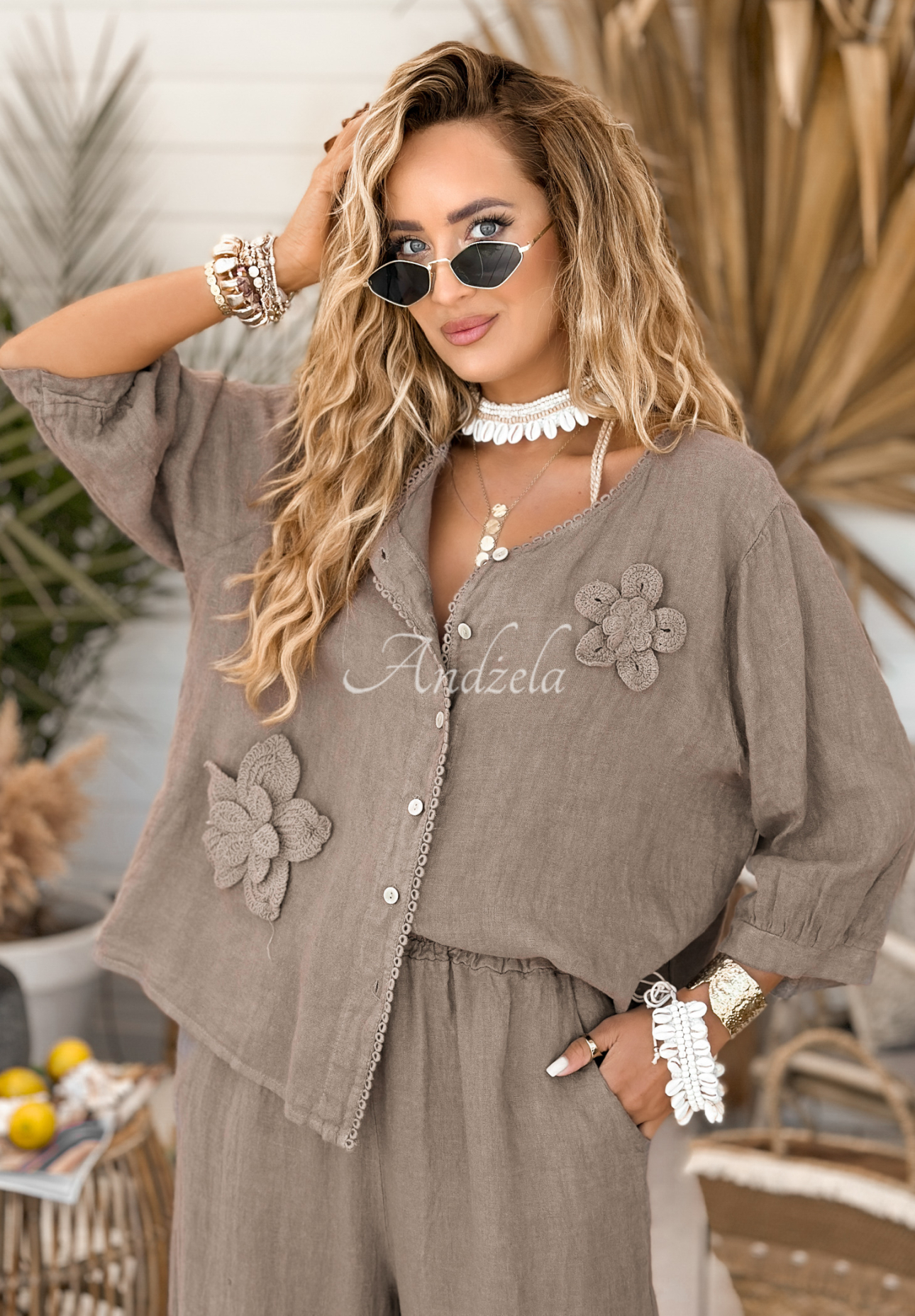Leinenbluse mit Blumenmuster On Vacation Mokkafarben