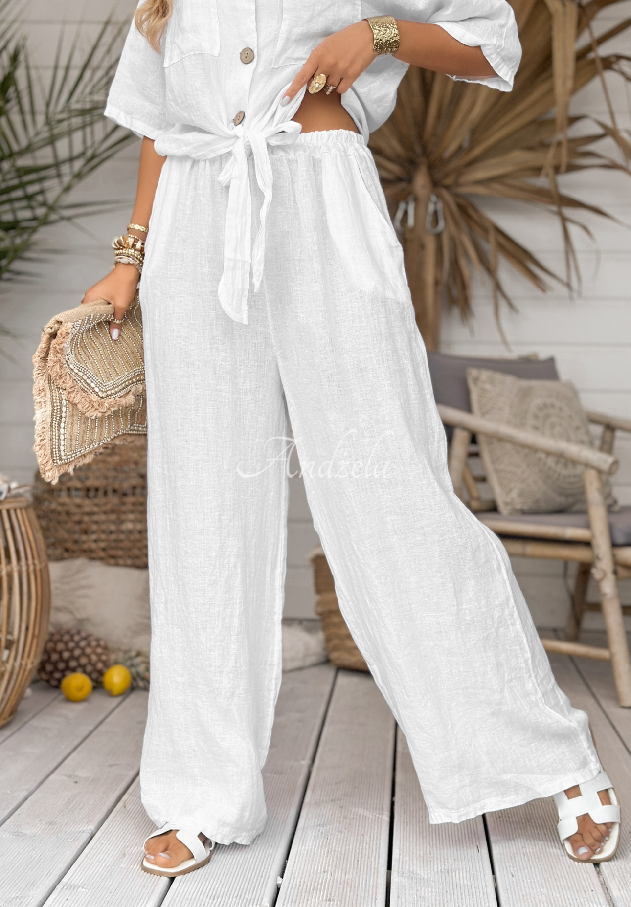 Leinenhose wide leg On Vacation Weiß