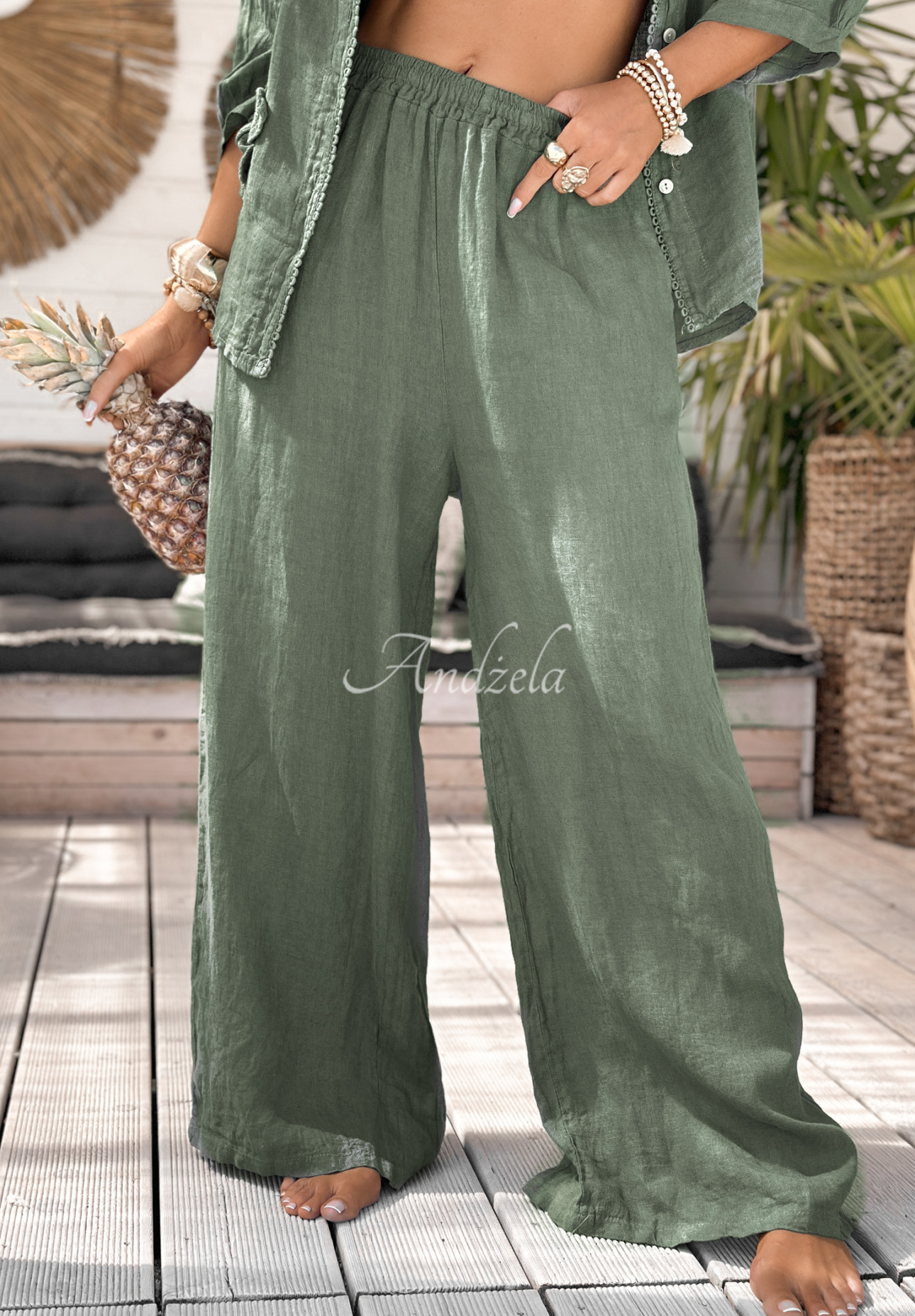 Leinenhose wide leg On Vacation Khaki