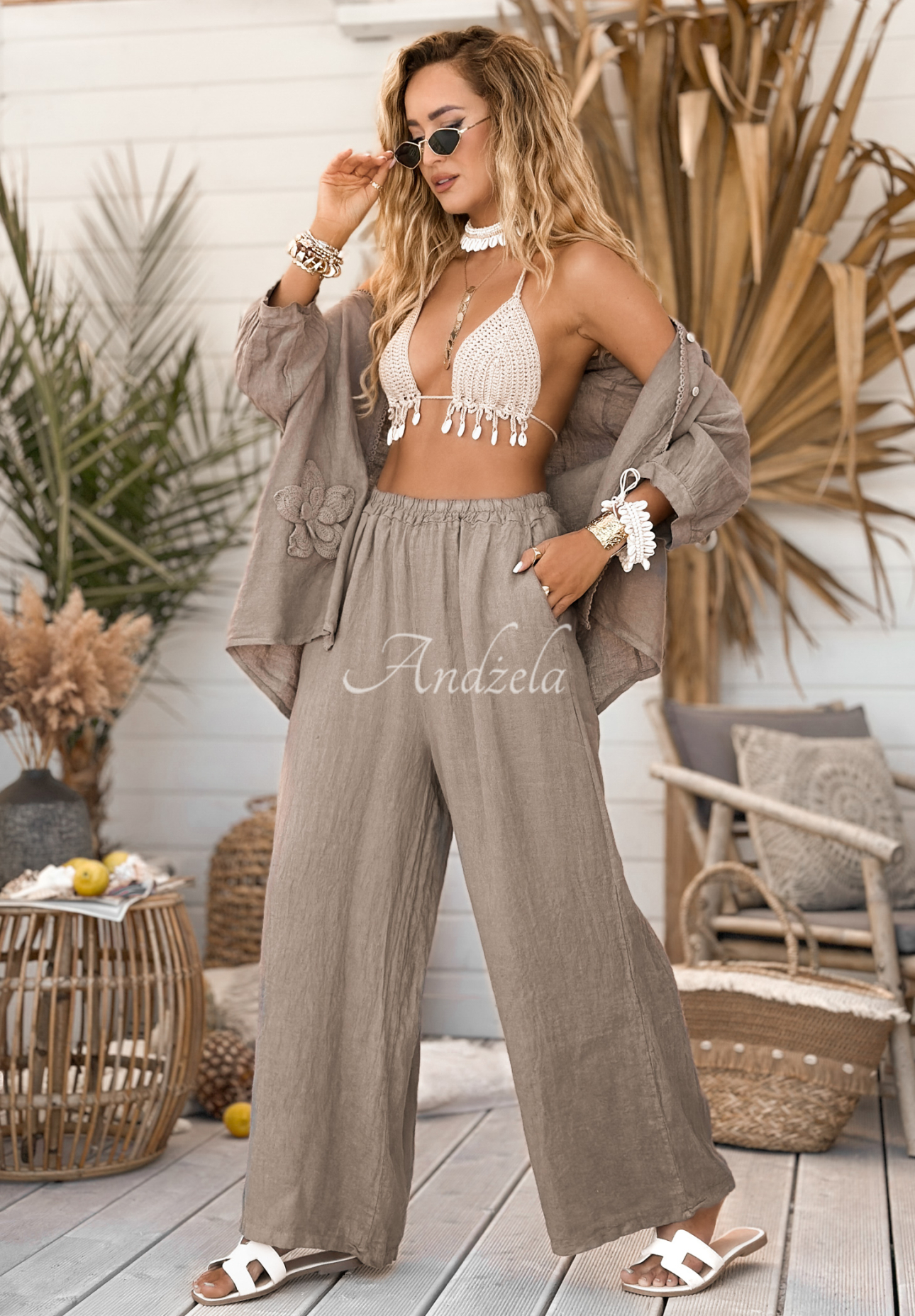 Leinenhose wide leg On Vacation Mokkafarben