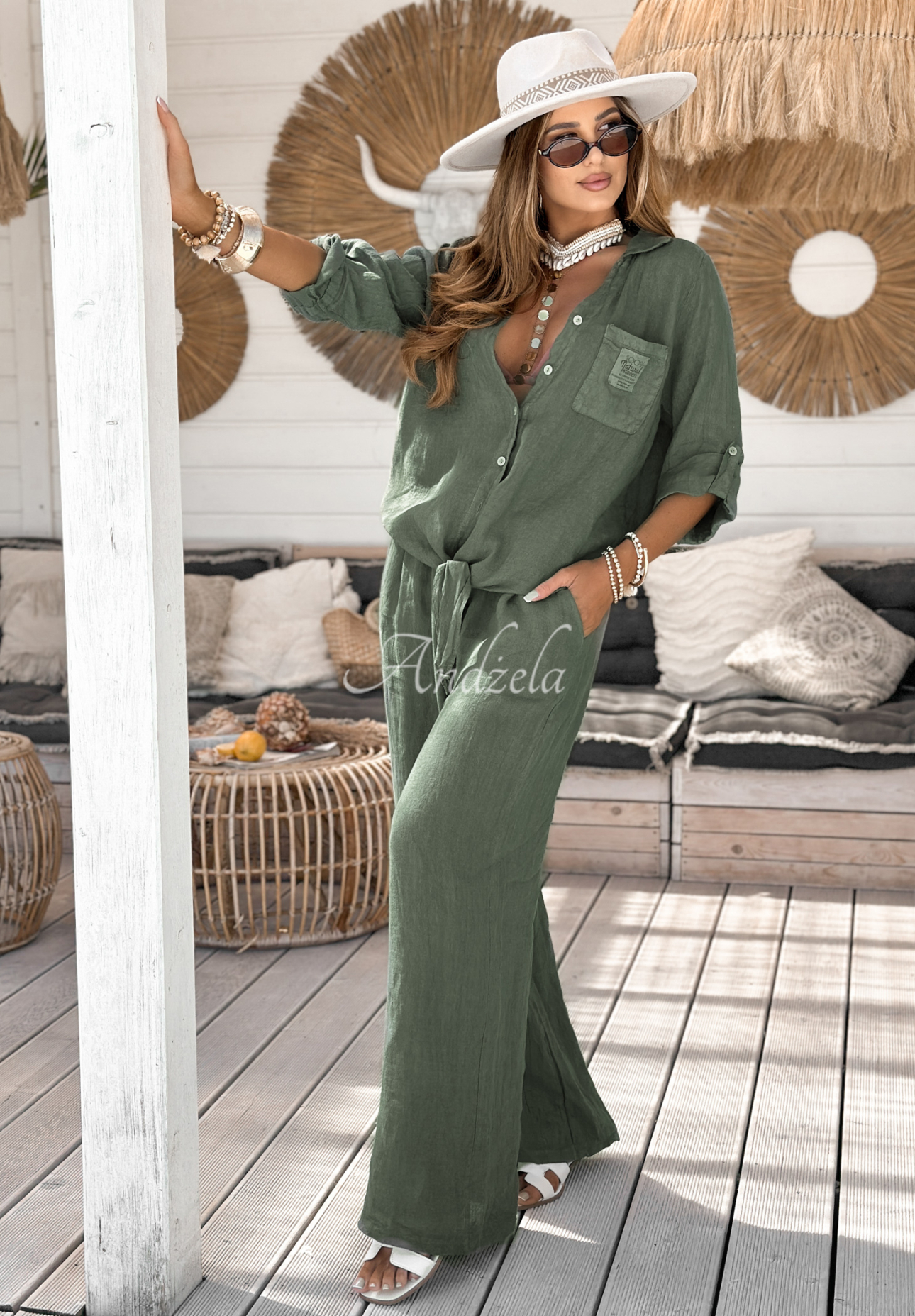 Leinenhemd mit Bindeband On Vacation Khaki