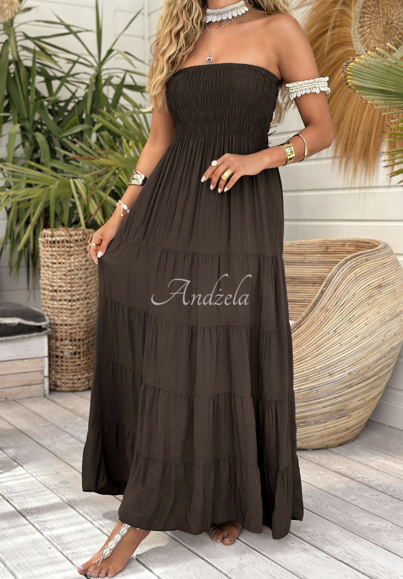 Maxikleid aus Viskose mit Rüschen Sunshine Perfection Schokoladenbraun