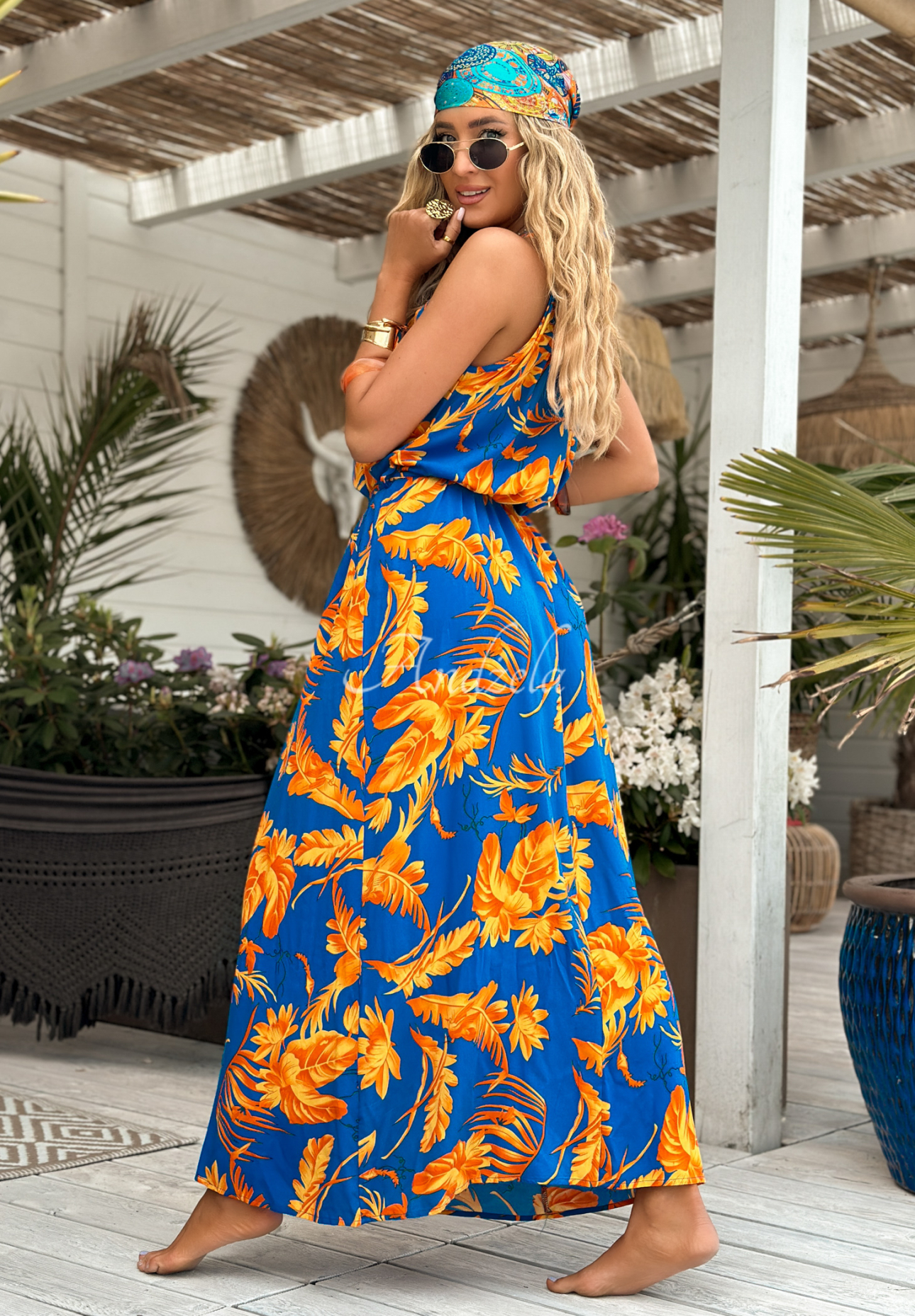 Gemustertes Kleid Hawaiian Road blau-Orange