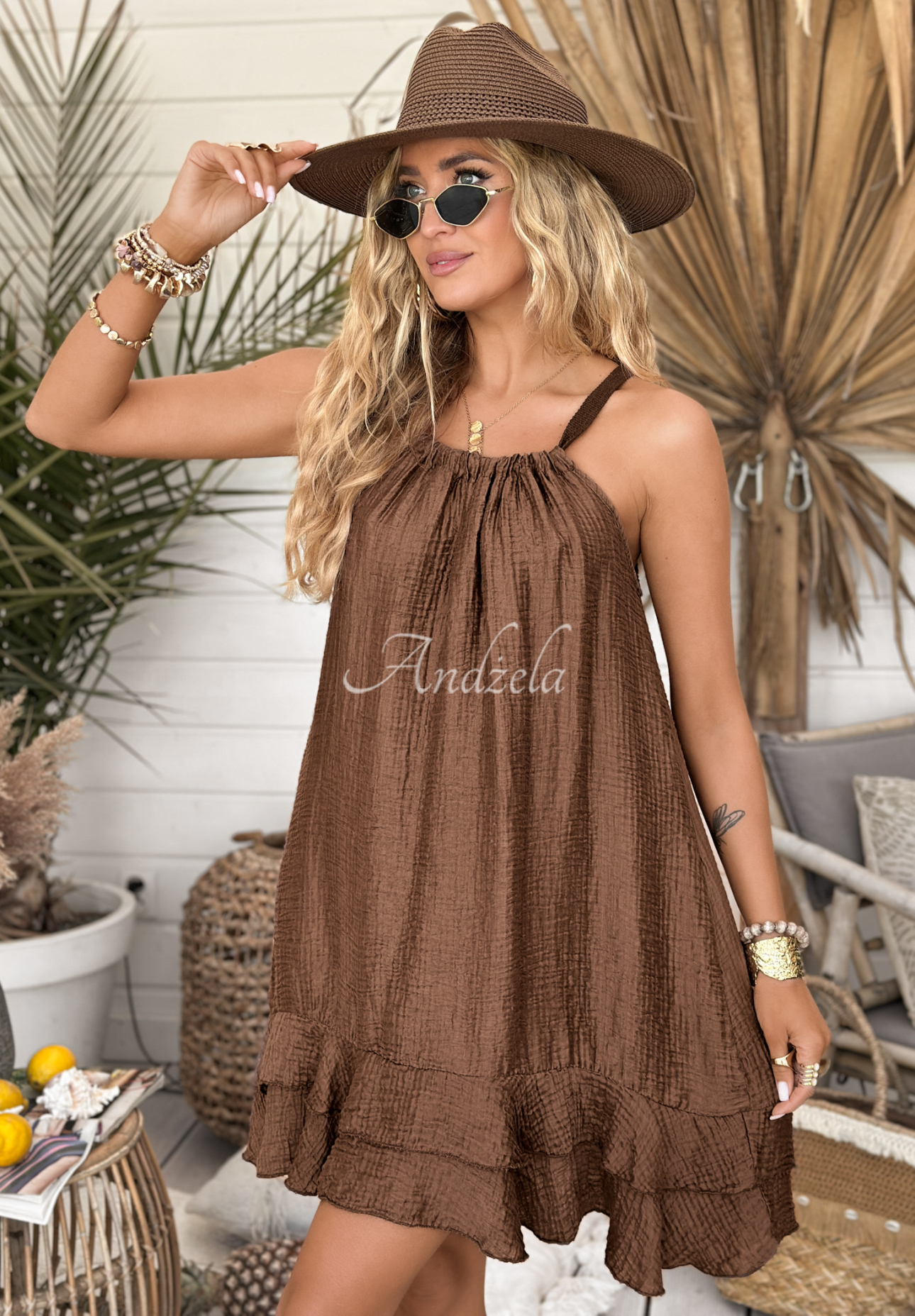 Kleid mit Trägern und Rüschen Miss Sunny Schokoladenbraun