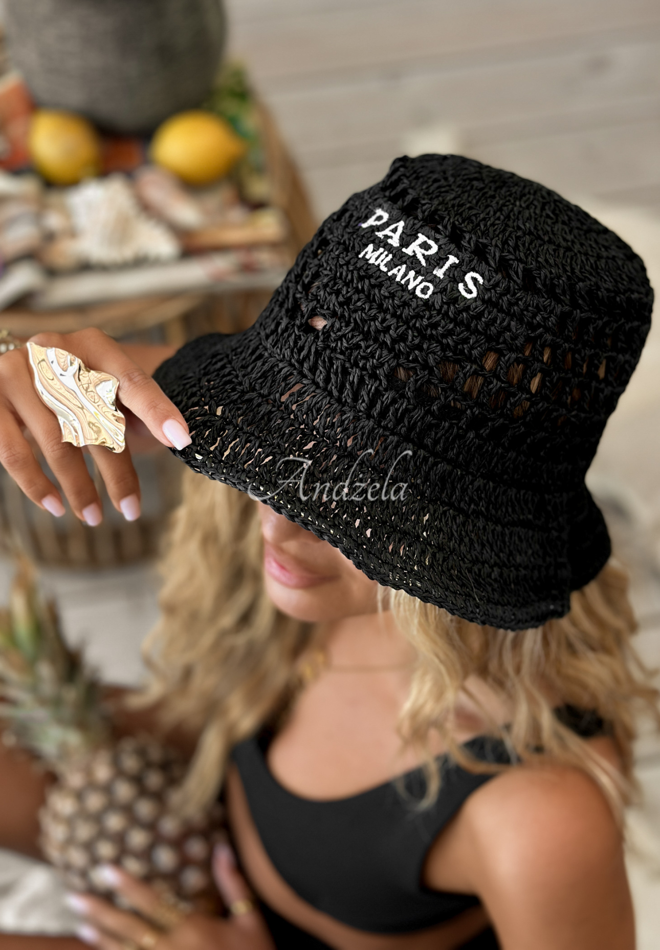 Geflochtener Hut bucket hat Paris Milano Schwarz
