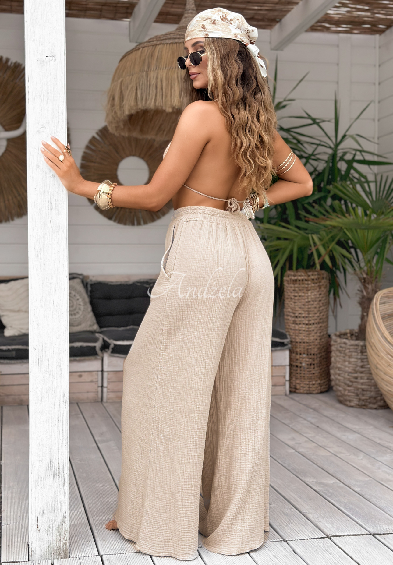 Musselin-Hose wide leg Paradise Bay Beige