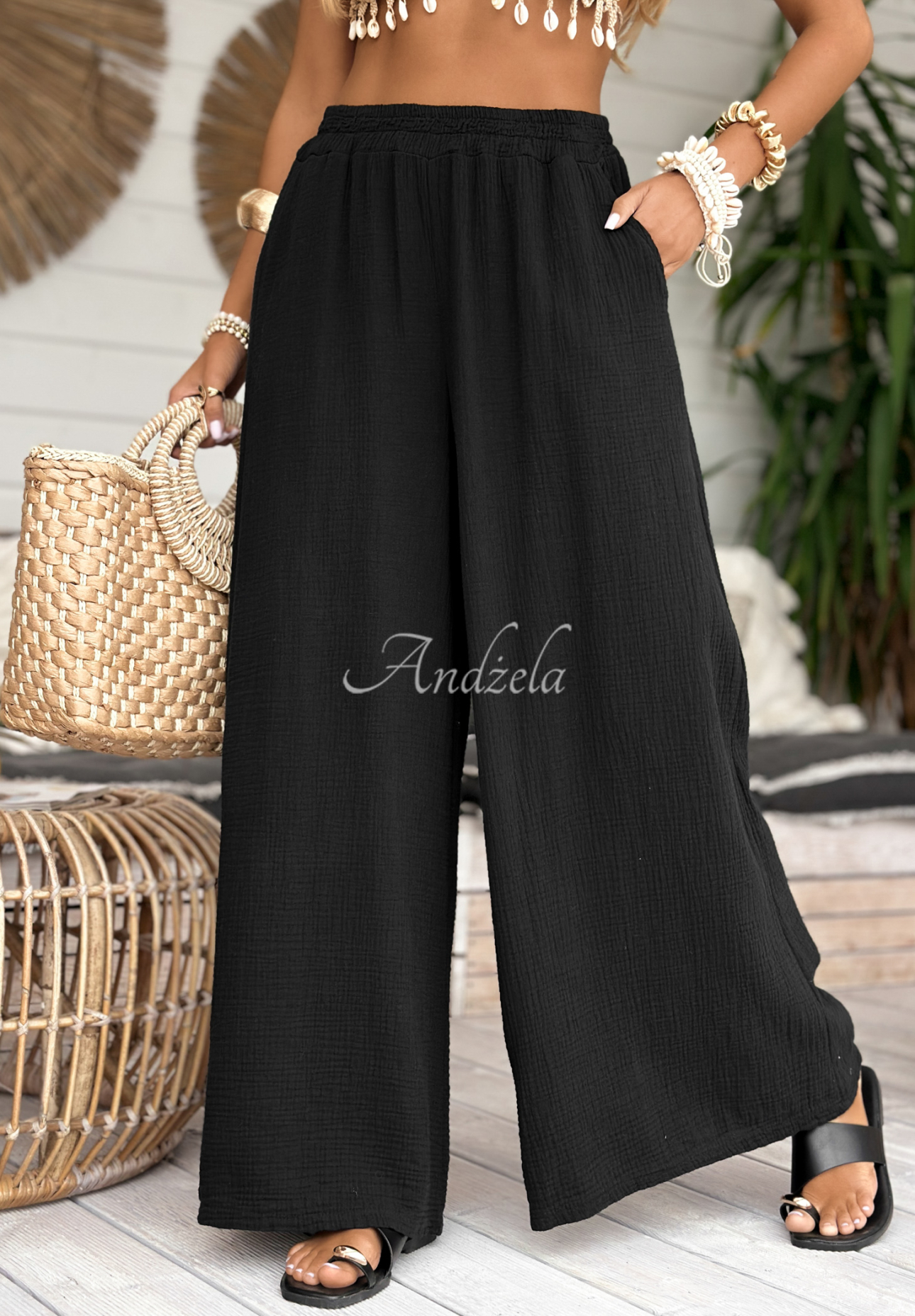 Musselin-Hose wide leg Paradise Bay Schwarz