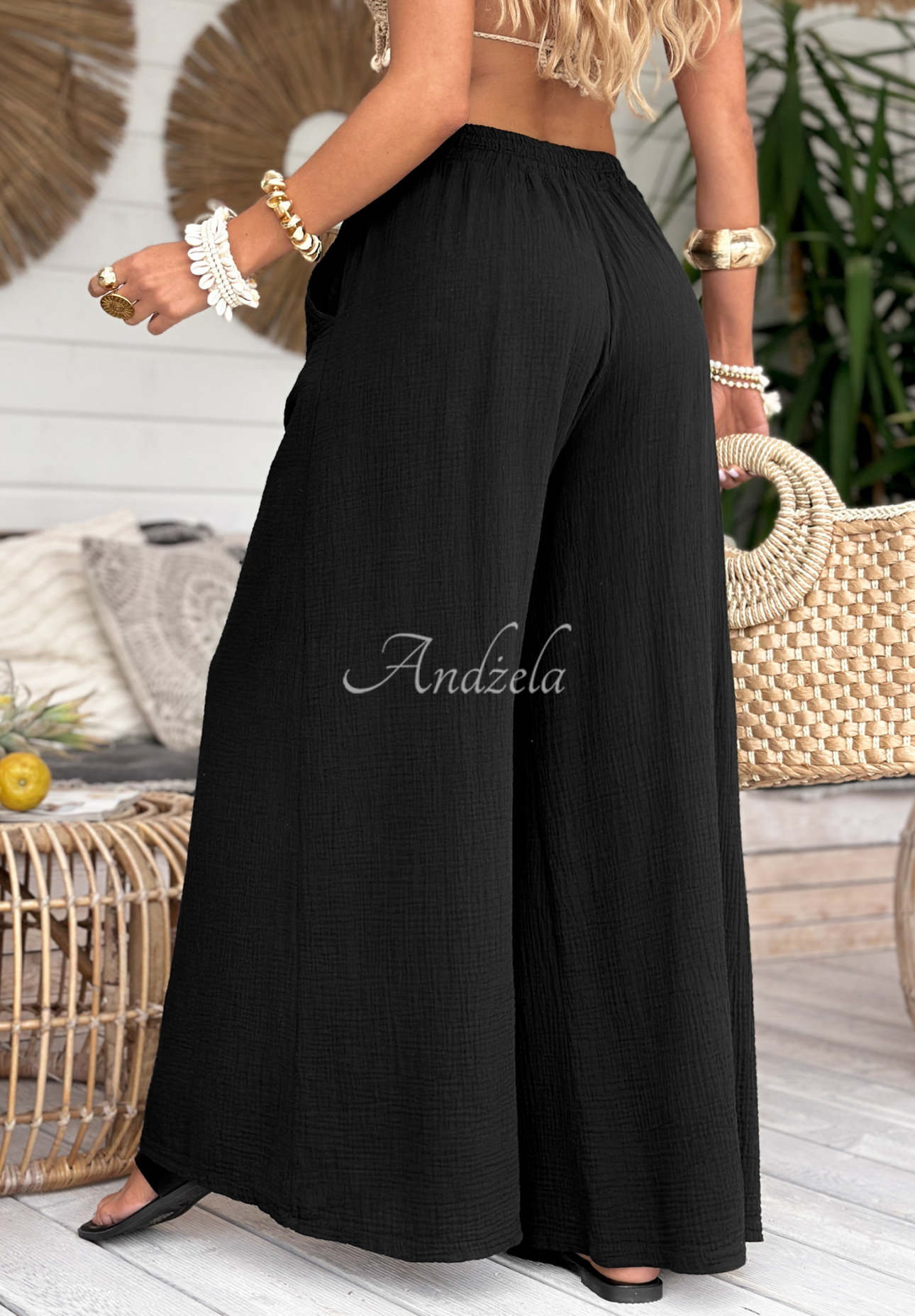 Musselin-Hose wide leg Paradise Bay Schwarz