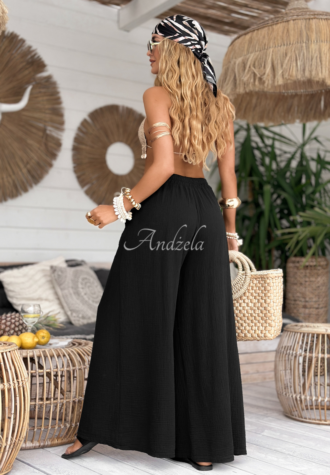 Musselin-Hose wide leg Paradise Bay Schwarz