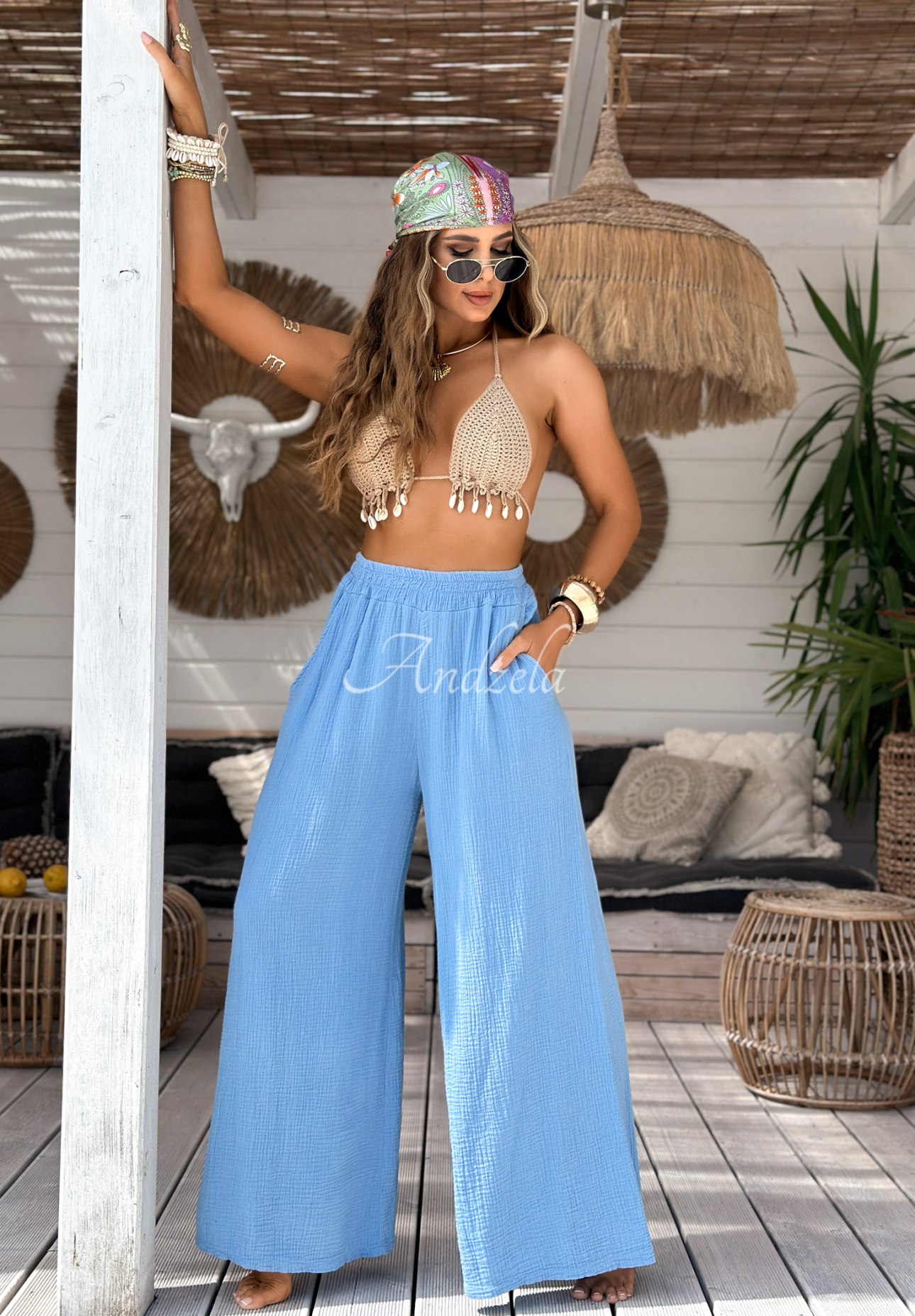 Musselin-Hose wide leg Paradise Bay Himmelblau