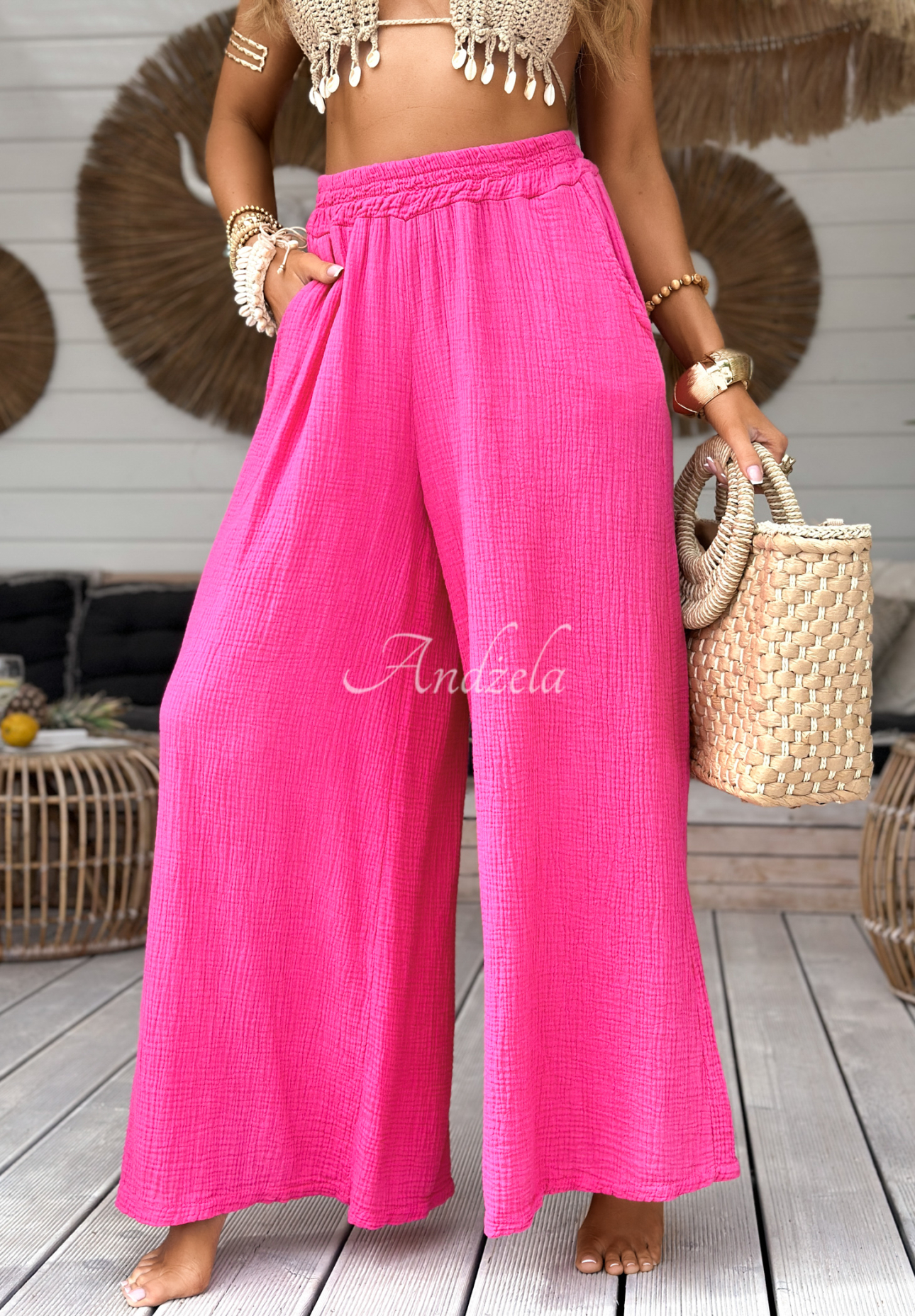 Musselin-Hose wide leg Paradise Bay Fuchsia