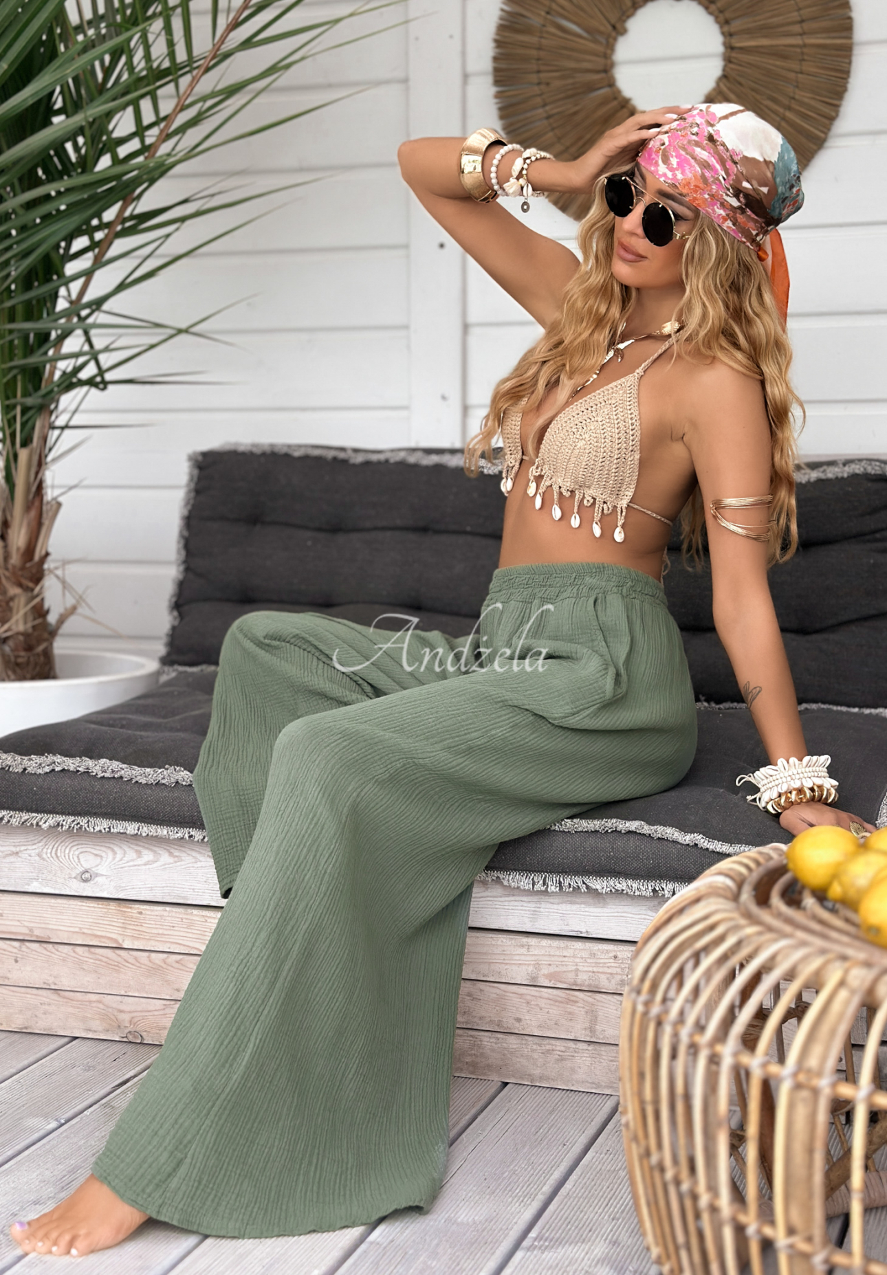 Musselin-Hose wide leg Paradise Bay Khaki