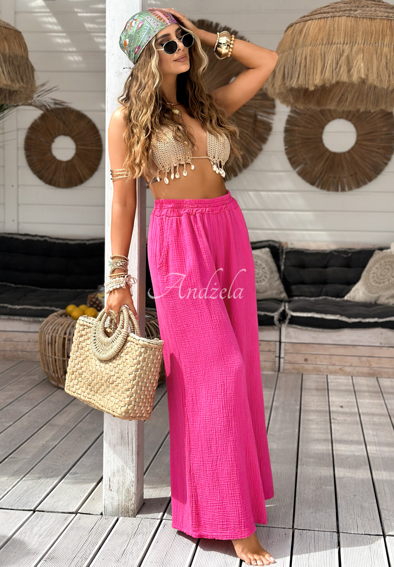 Musselin-Hose wide leg Paradise Bay Fuchsia