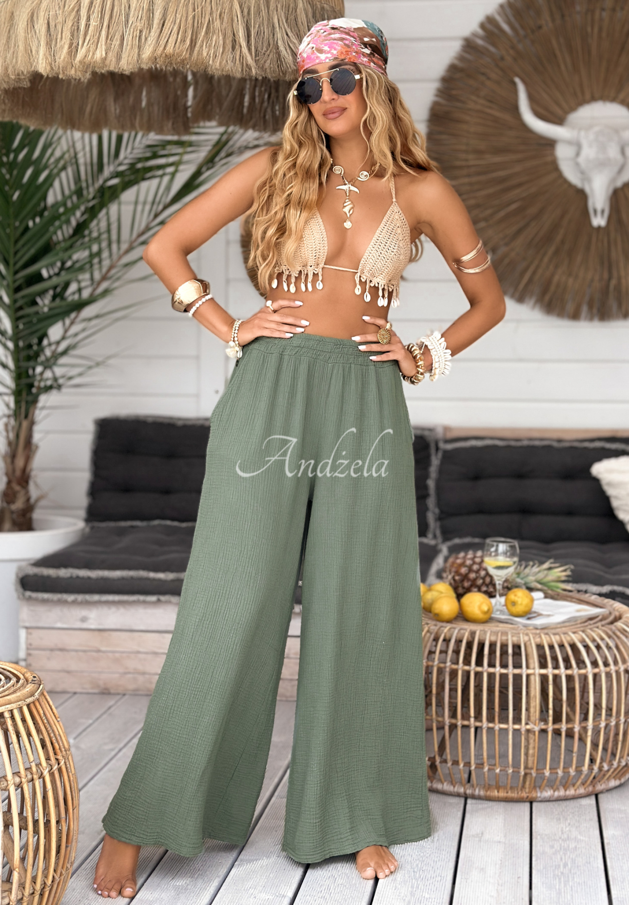 Musselin-Hose wide leg Paradise Bay Khaki