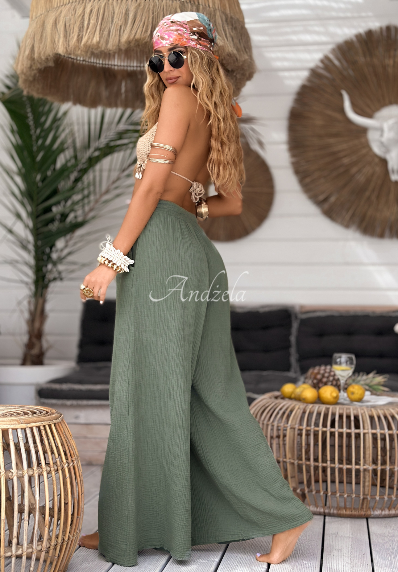 Musselin-Hose wide leg Paradise Bay Khaki