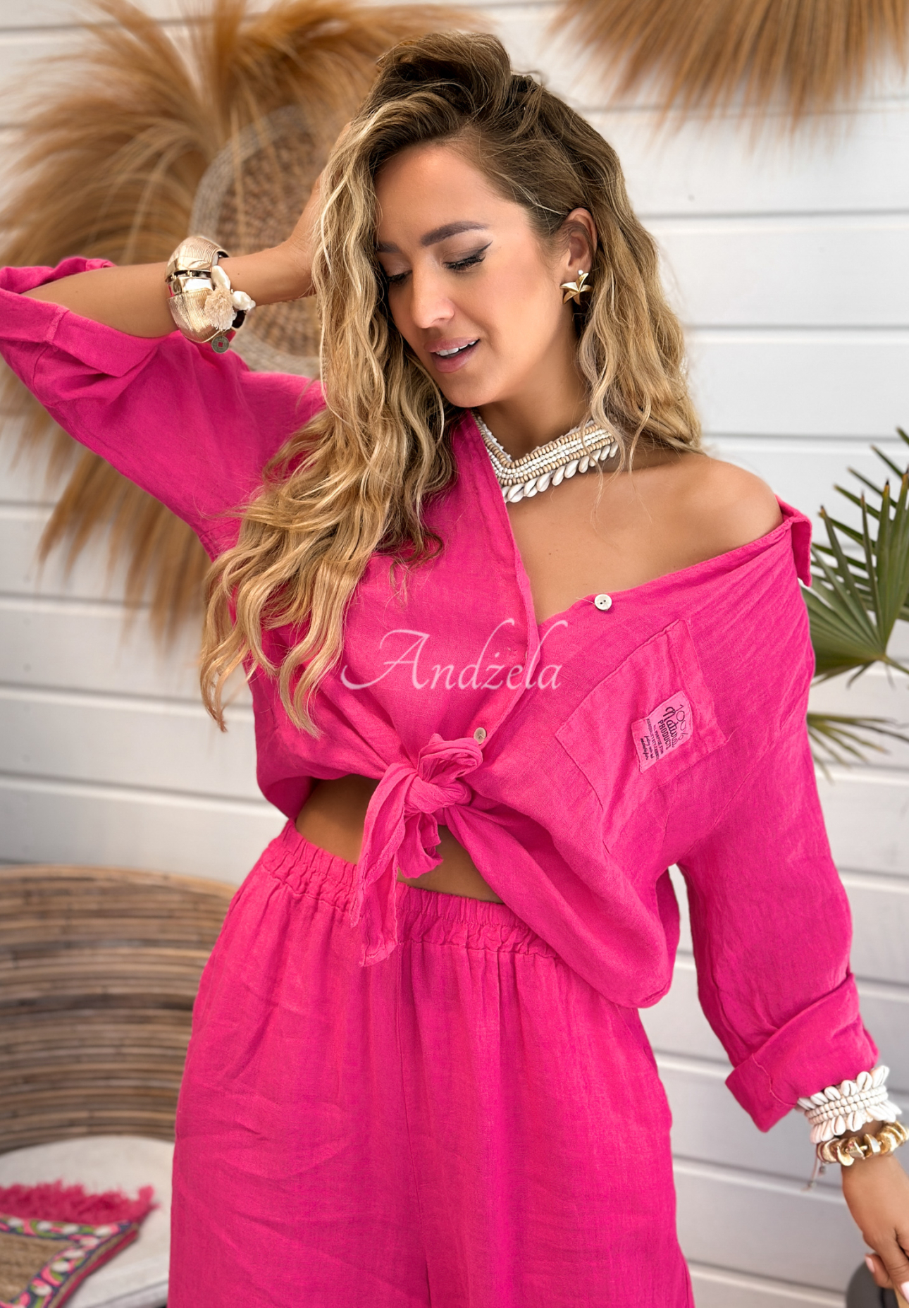 Leinenhemd mit Bindeband On Vacation Fuchsia